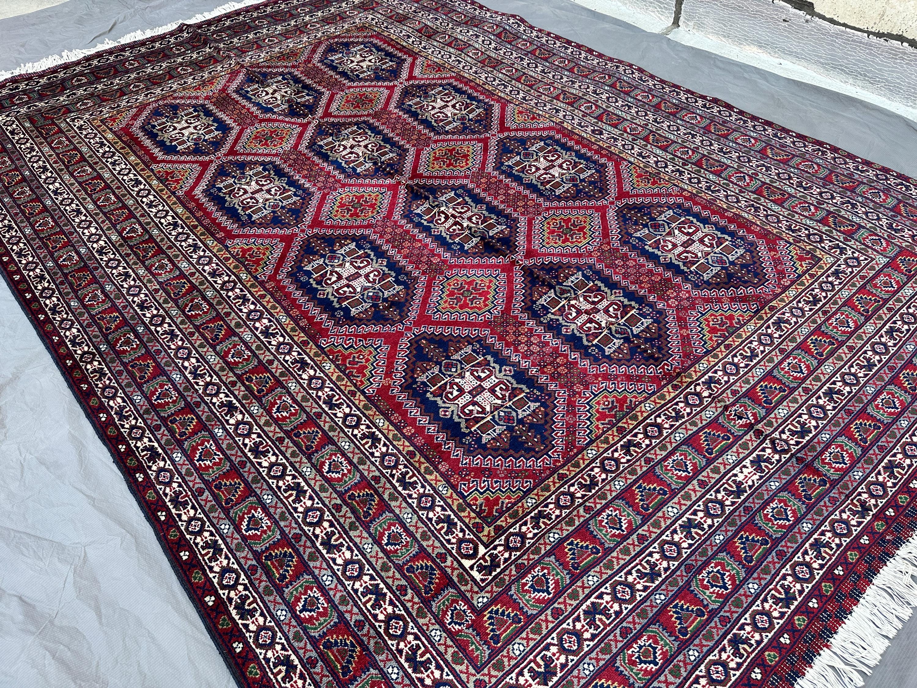 Hand Knotted Wool Rug, Burgundy Navy Tribal Medallion Carpet, Living Room Area Rug