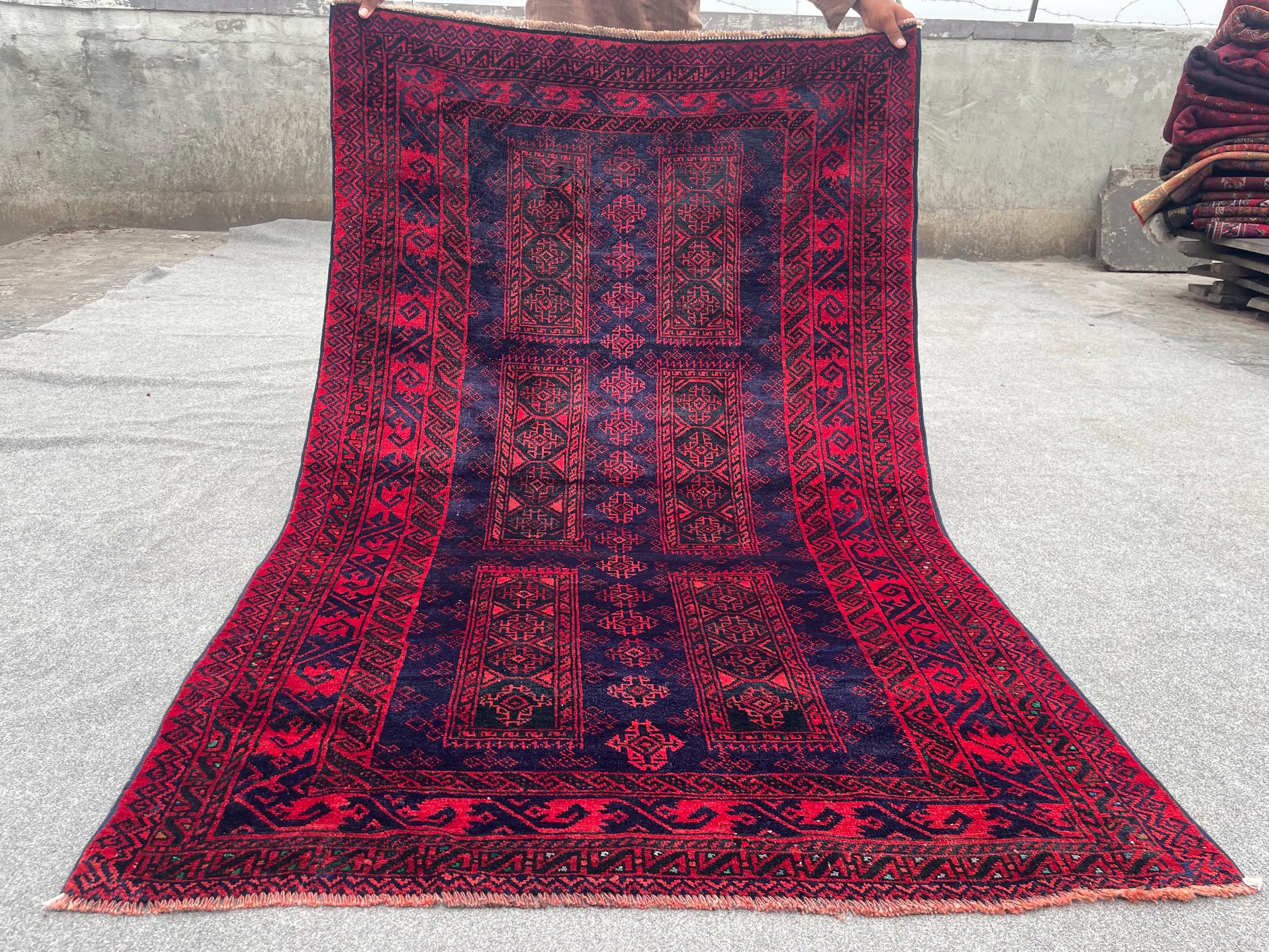 3'9" x 6'1" Antique Afghan Baluch Yaqoon Khani Rug, 1970s Handmade Wool Carpet, Geometric Tribal Turkmen Red Rug, Vintage Oriental Area Rug