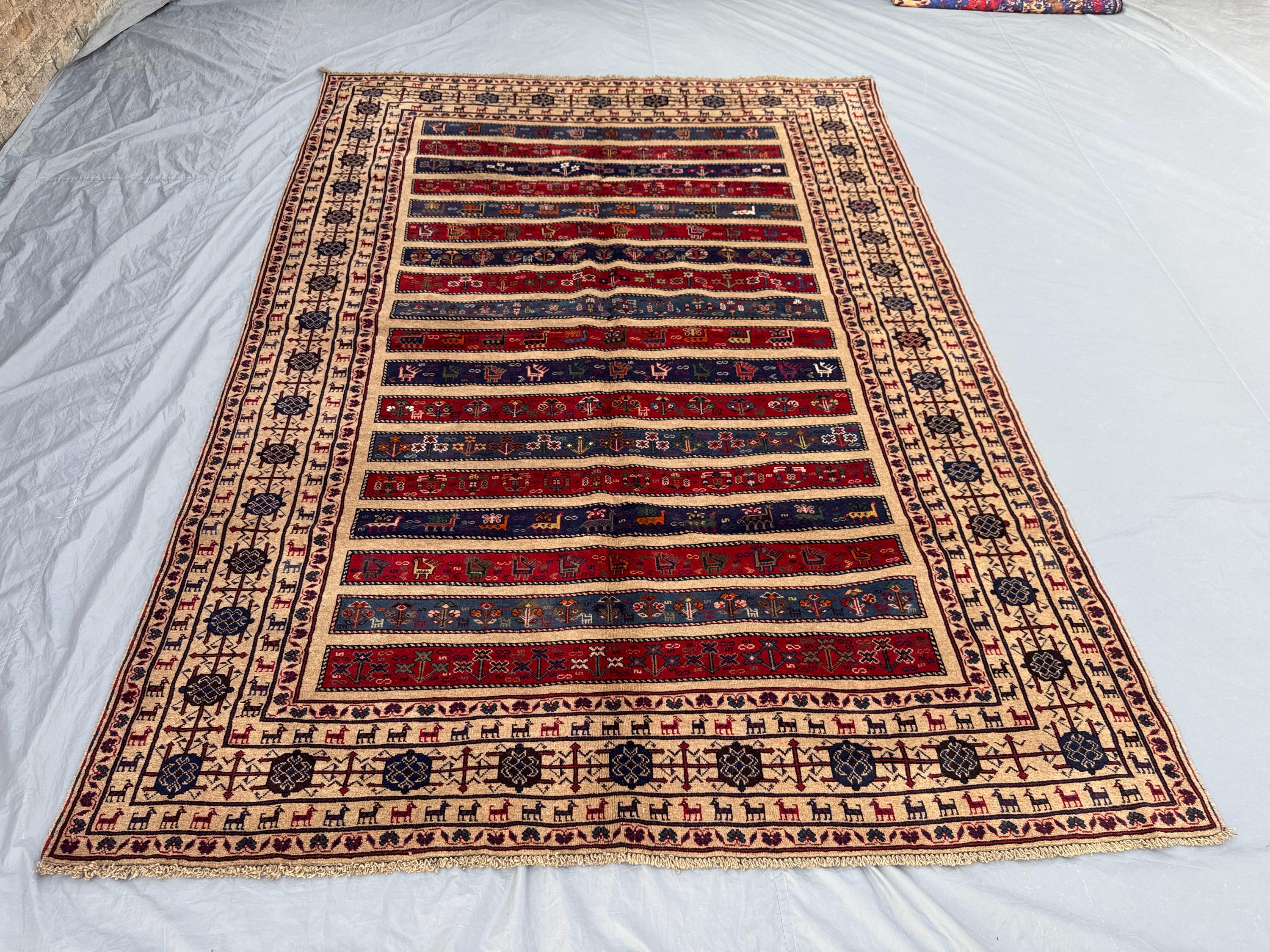 7 x 9 ft Afghan Hand-Knotted Vintage Rug Soft Pile Balochi Design Pictorial Animal Print One of a Kind Boho Home Decor Large Area Rug