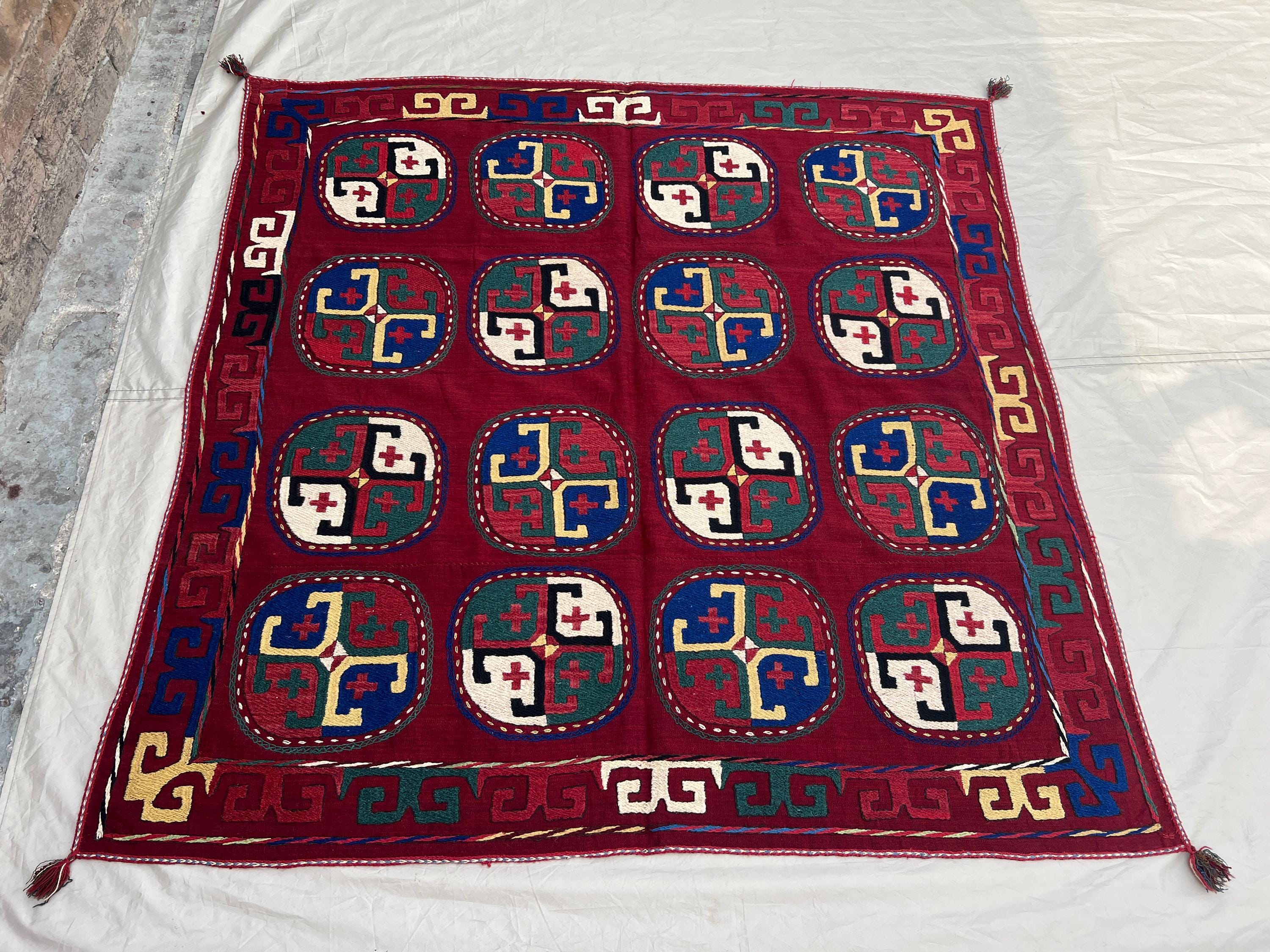 4'11x5'1 Vintage Afghan Suzani | Hand Embroidered Wool Textile | Deep Red Multicolor Medallion Suzani Wall Hanging | Bohemian Wall Decor