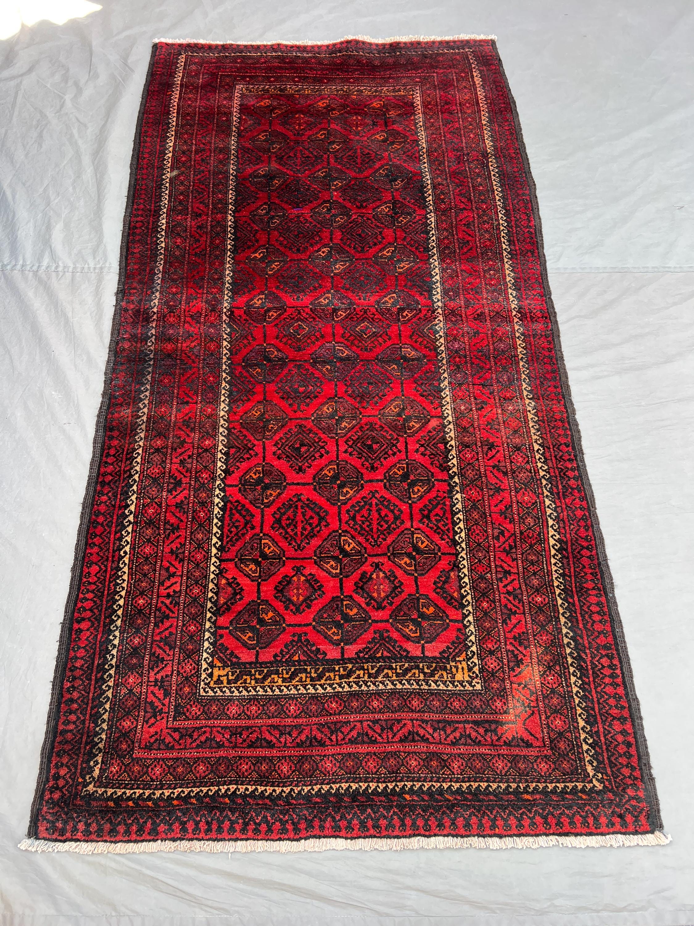 3'9x7'7 Ft Vintage Afghan Hand Knotted Wool Pile Rug Deep Red Black Geometric Diamond Medallion Pattern | Hallway Living Room