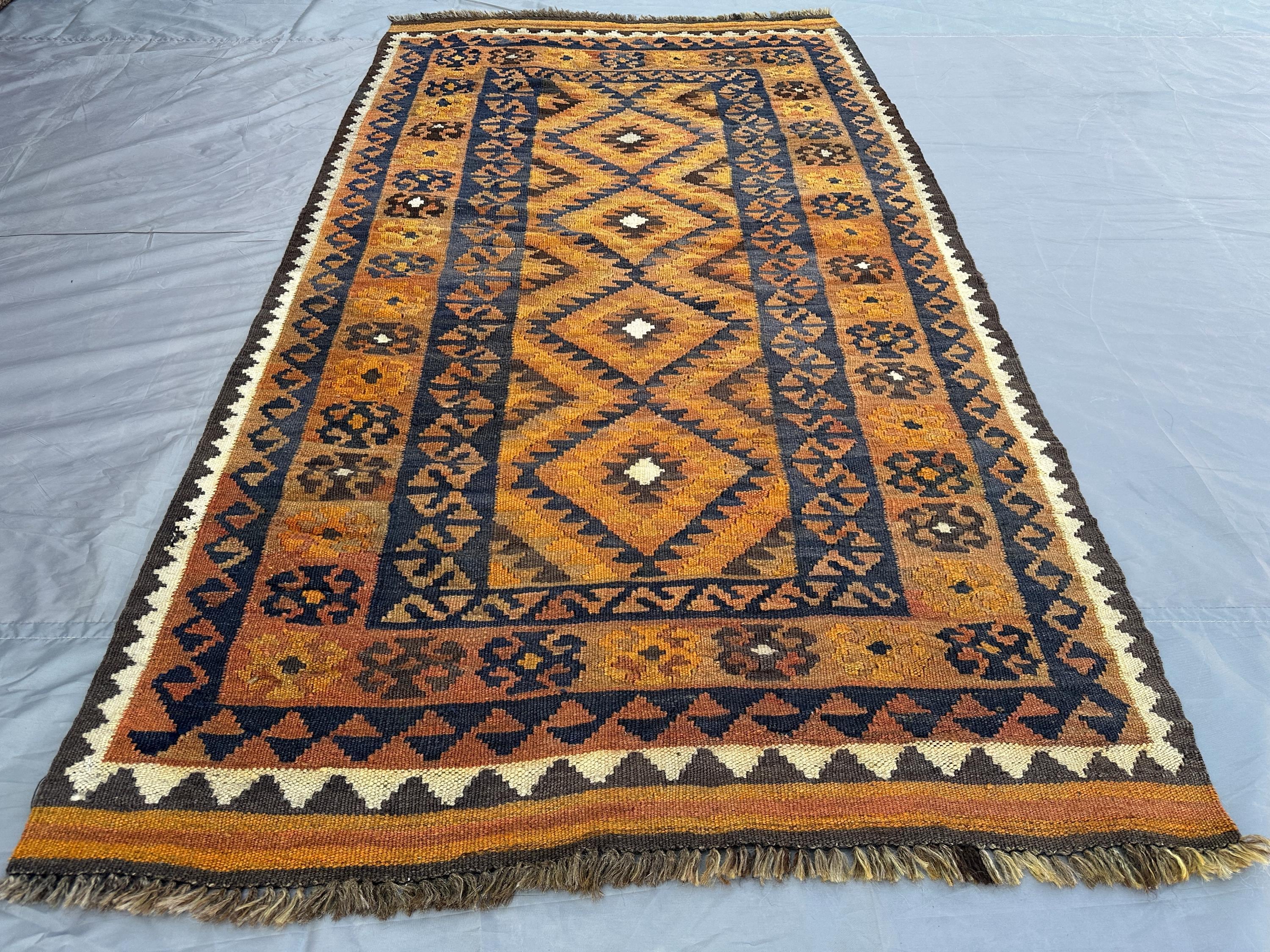 3.3x5.10 Antique Turkmen Faded Rug Tribal Turkish Style Kilim Flat Weave Afghan Rug, Geometric Terracotta Rug, Kitchen Rug, Kitchen rug