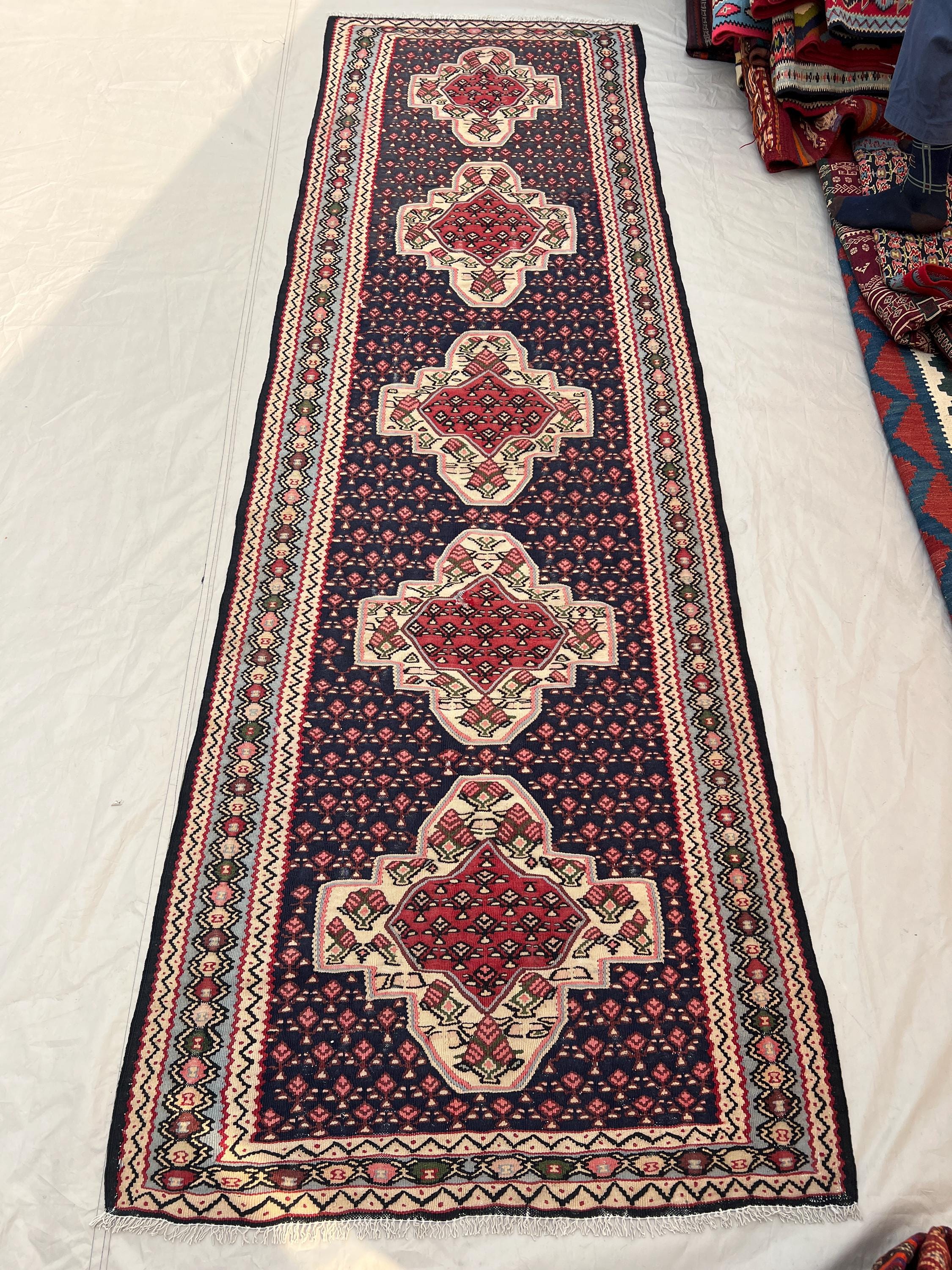 2'11x9'5 Vintage Afghan Flat Woven Wool Kilim Runner Navy Red Ivory Repeating Diamond Medallion Dense Boteh Boho Hallway Runner Carpet