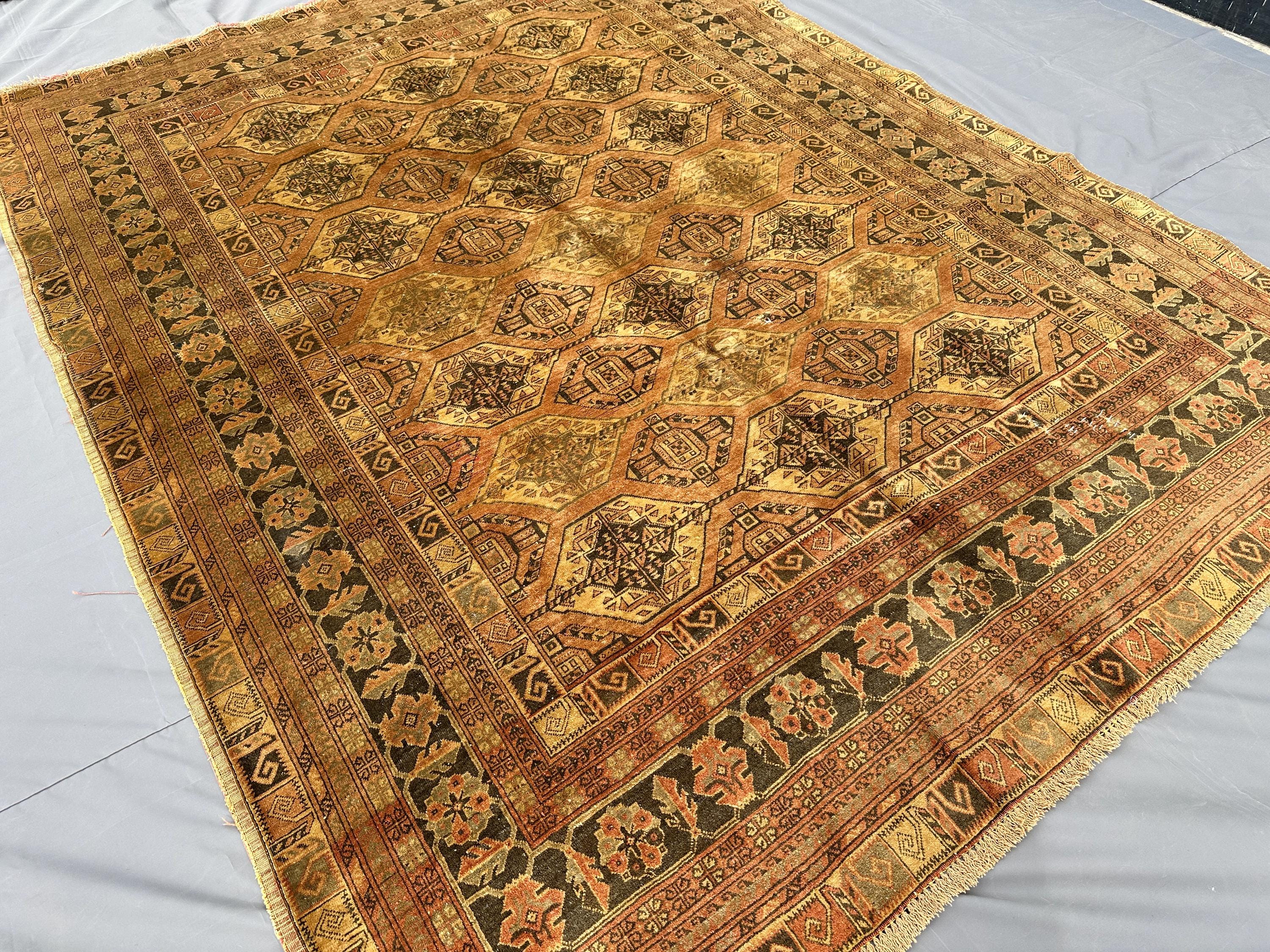 1970s Antique Gold Khal Mohammadi Rug 9x7 Vintage Turkmen Tribal Wool Rug, Handmade Oriental Carpet, Living Ro