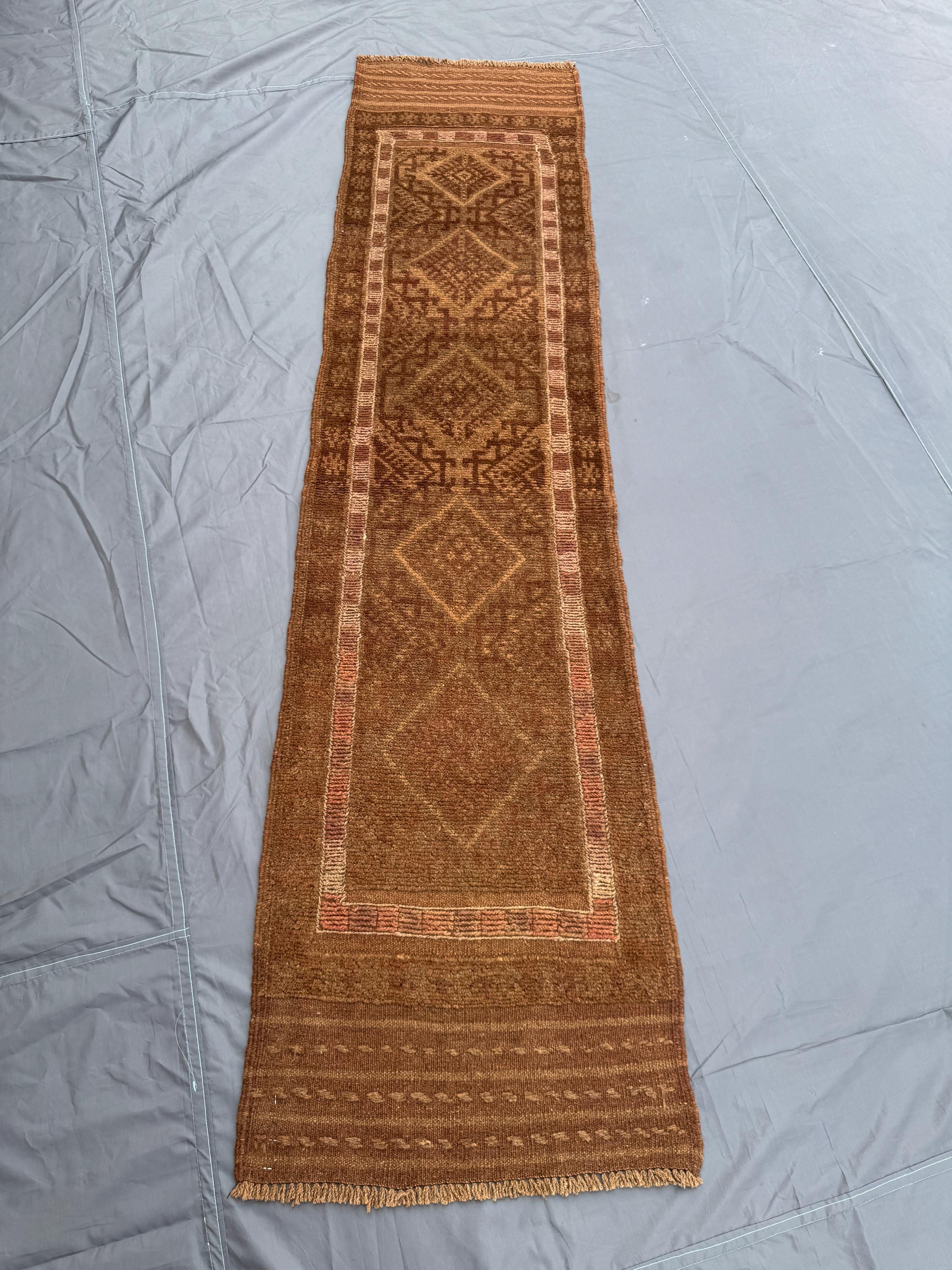 1.9 x 7.8 ft Afghan Hand-Woven Vintage Kilim Runner Rug, Terracotta Faded Mishwani Design, Rare Flat Weave | Luxury Narrow Hallway Decor