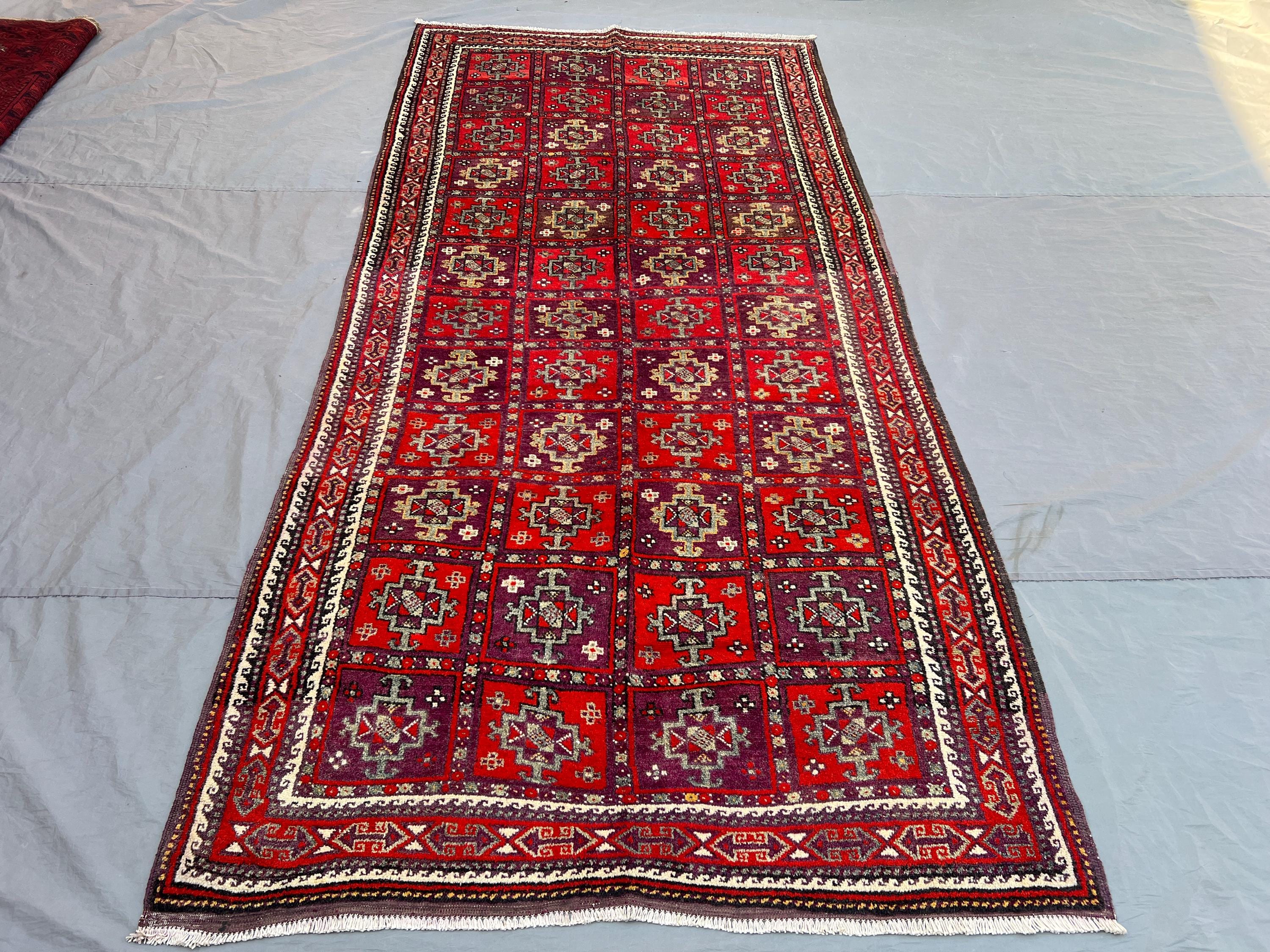 5x10'4 Ft Vintage Afghan Ersari Handknotted Medium Pile Large Area Rug, All-Over Panel Grid Star Red Purple Wo