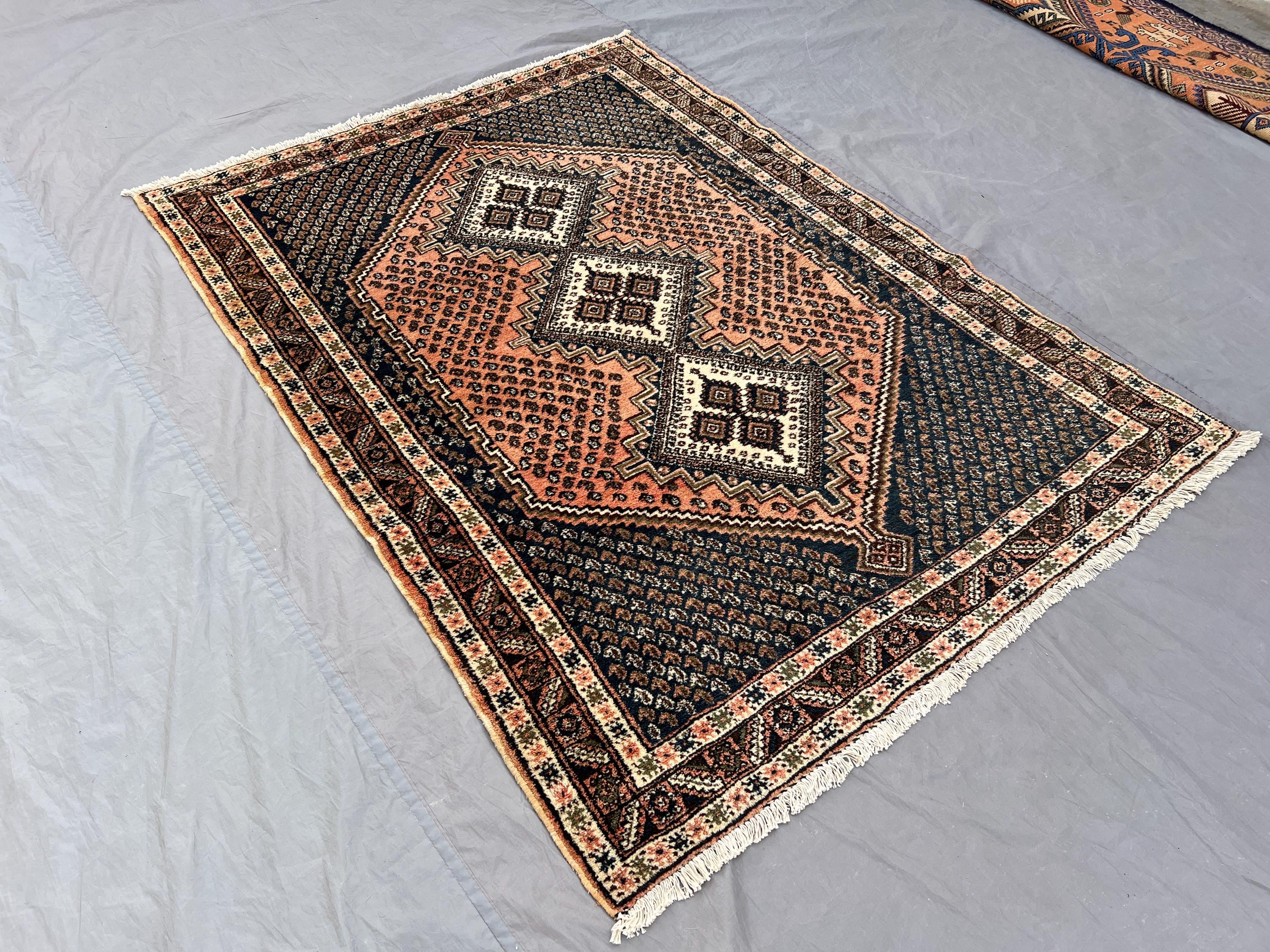 4'2 x 5'8 Vintage Turkish Inspired Caucasian Rug, Hand-Knotted Wool Medallion Carpet, Rare Peach Navy Tribal Rug, Oriental Soft Bedroom Rug