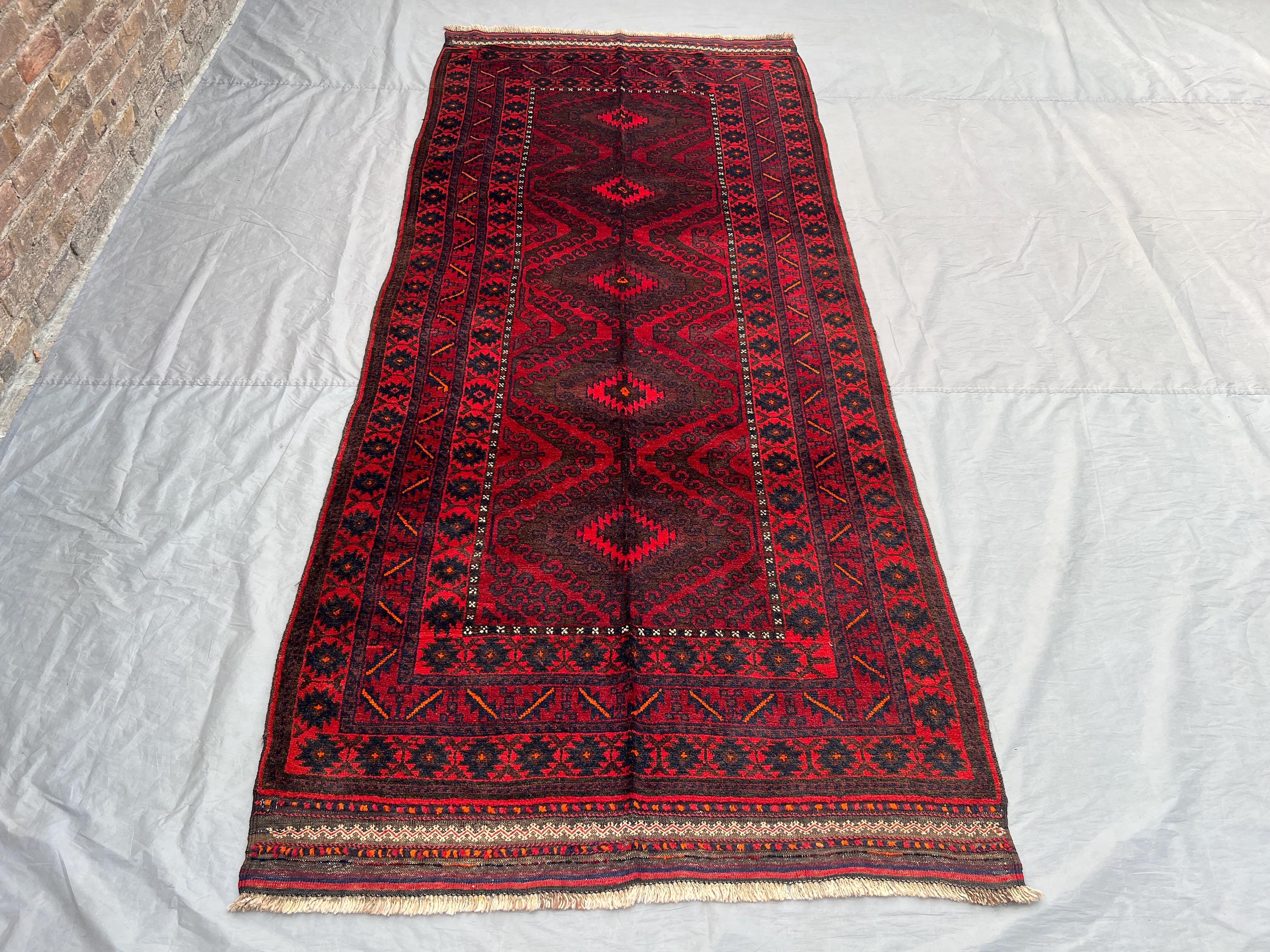 Vintage Red Black Brown Afghan Turkmen Bukhara Runner Rug | 4x10 ft Hand Knotted Wool Tribal Geometric Carpet