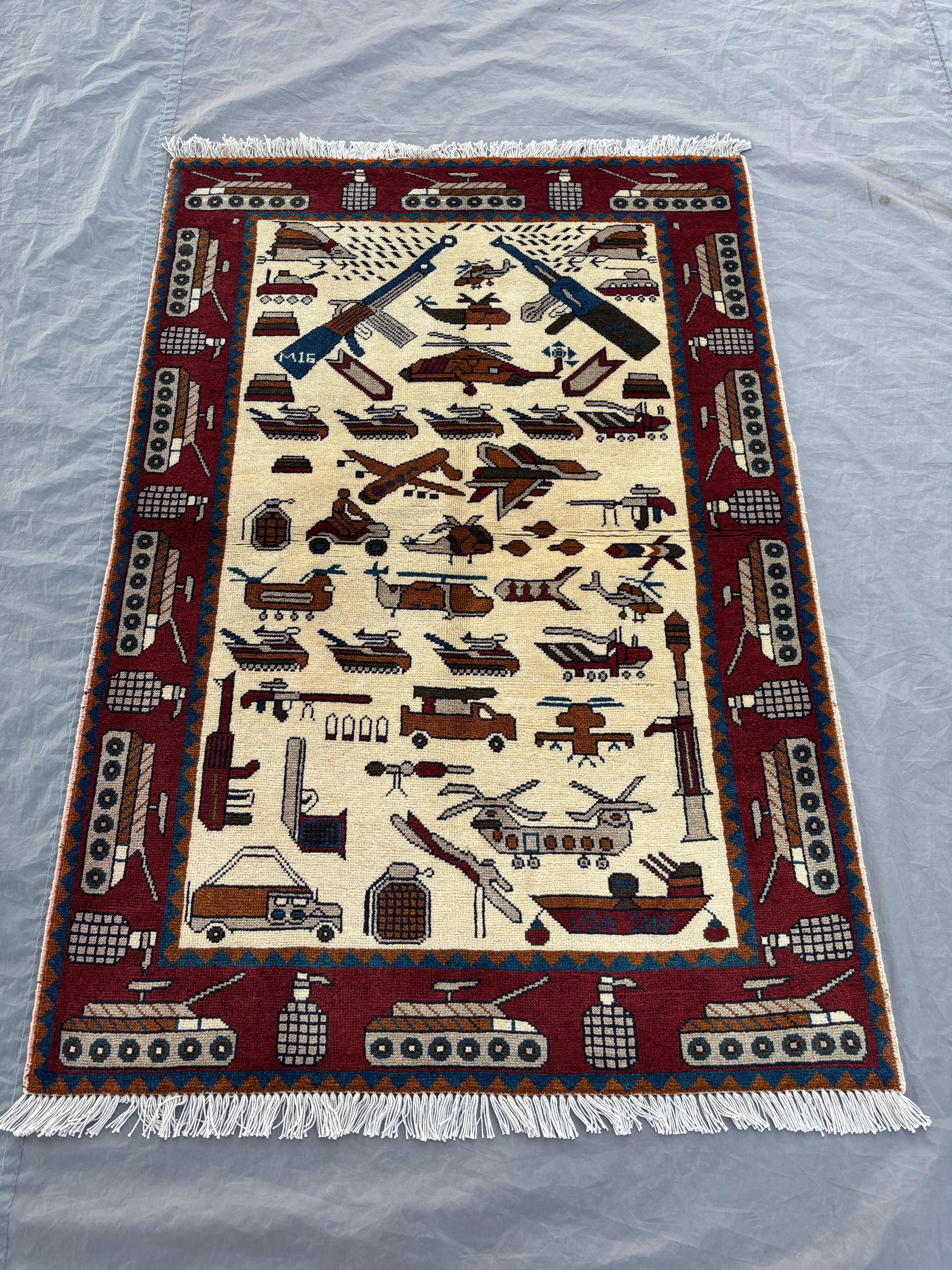 Afghan Hand-Knotted Vintage Soft Pile Rug Unique Pictorial Design Decorative Home Decor Luxury Area Rug 3 x 5 ft Rich Cream, Burgundy, Red