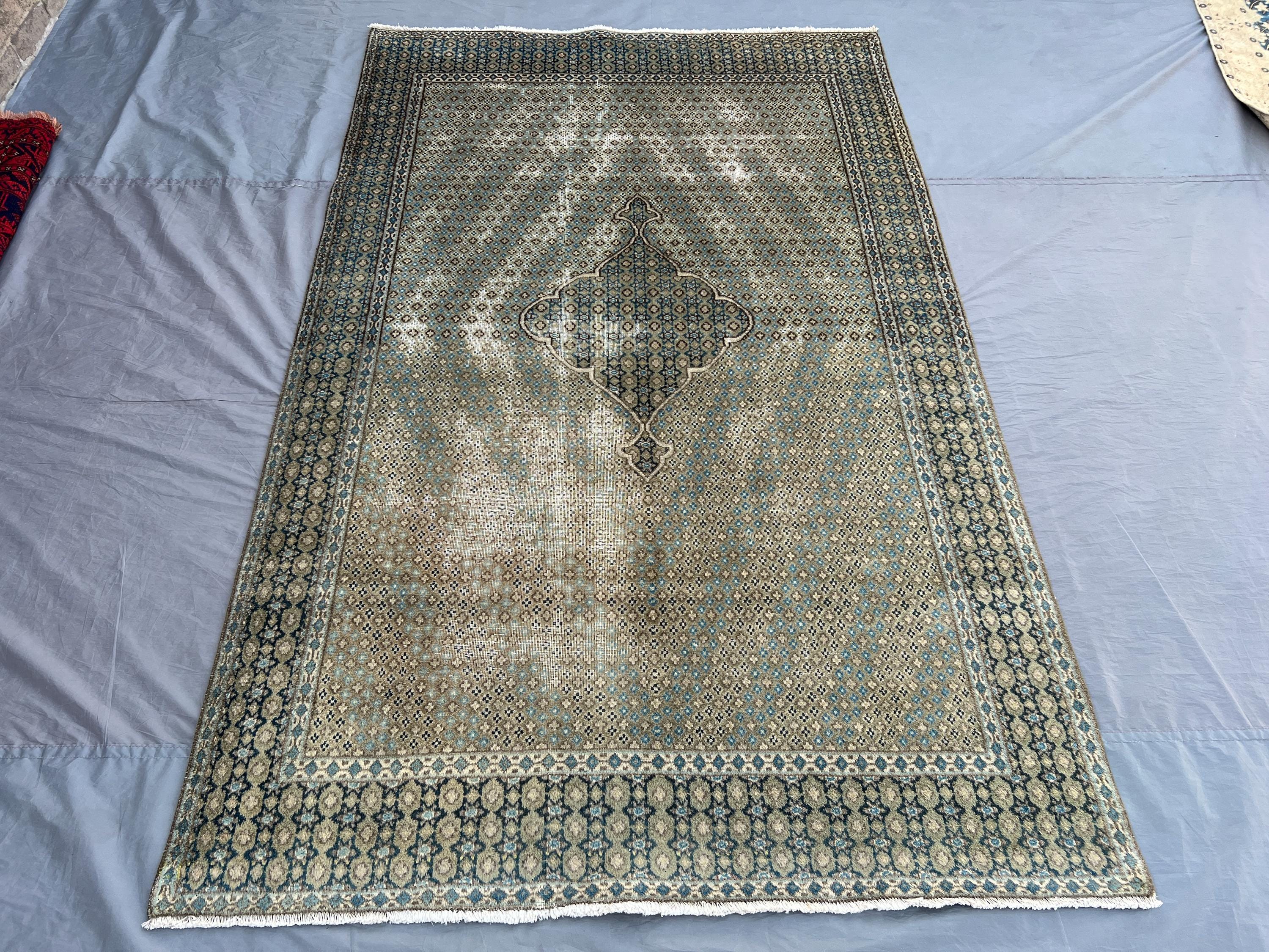 5x8 Hand-Knotted Wool Rug | Turkish-Inspired Geometric Carpet | Tribal Caucasian Style | Blue Beige Bohemian Living Room Rug, Bedroom Rug