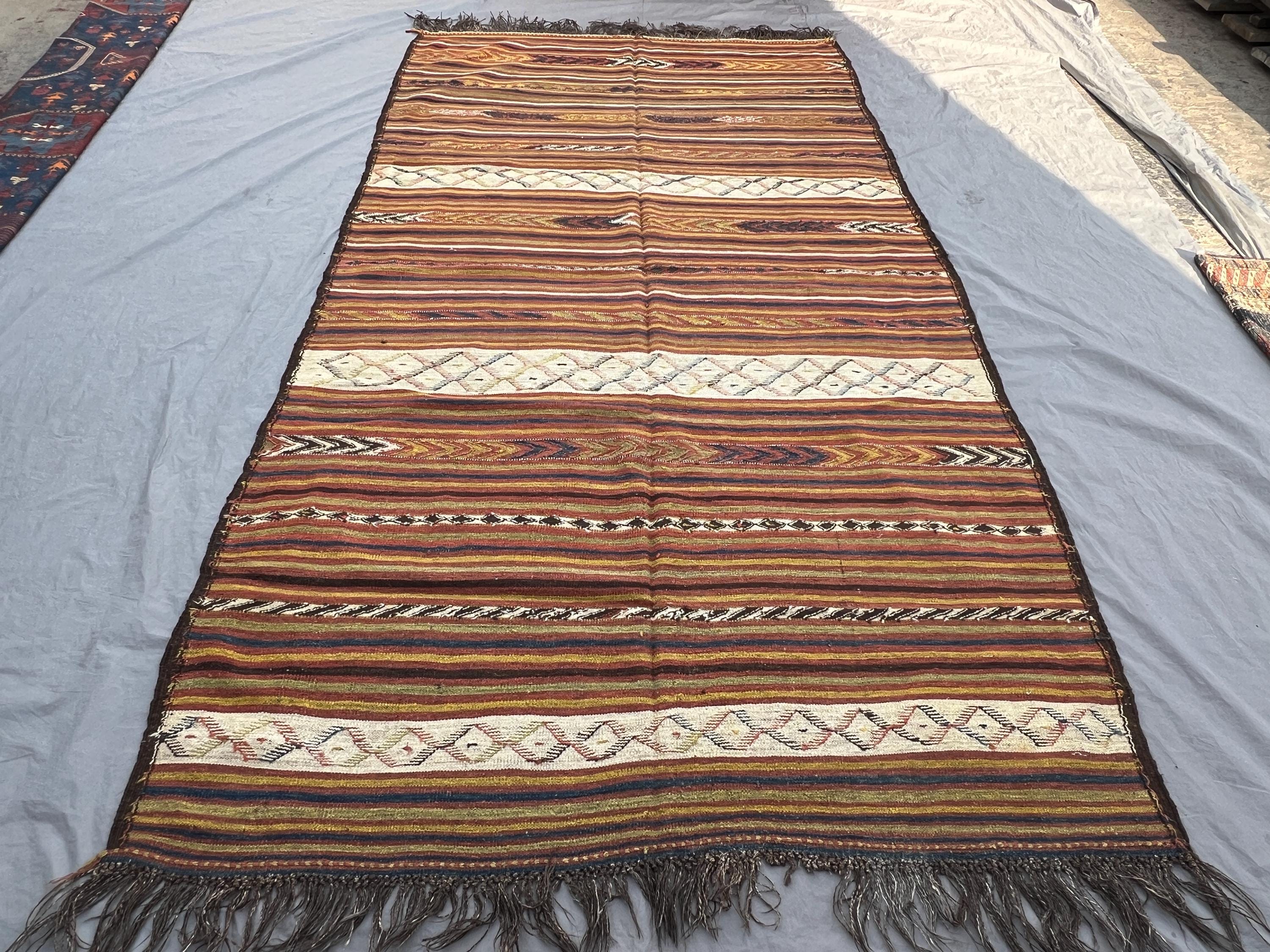 Vintage Afghan Kilim Rug 6x11, Handwoven Wool Flatweave Area Rug, Striped Tribal Geometric Carpet, Boho Nomadi
