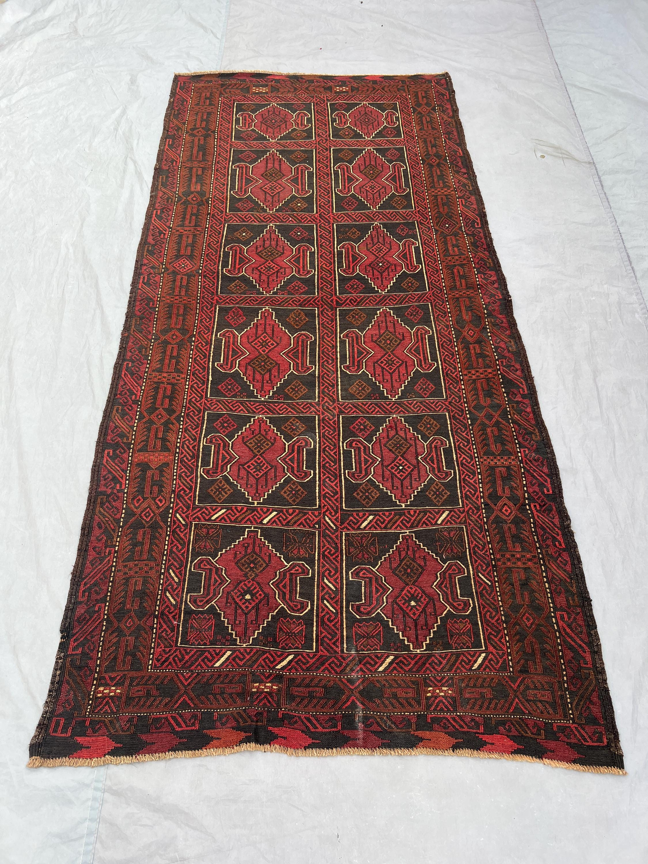 Afghan Vintage Flat Weave Kilim 4 x 9 ft Handwoven Runner One of a Kind Large Tribal Sumak Wide Hallway Decor