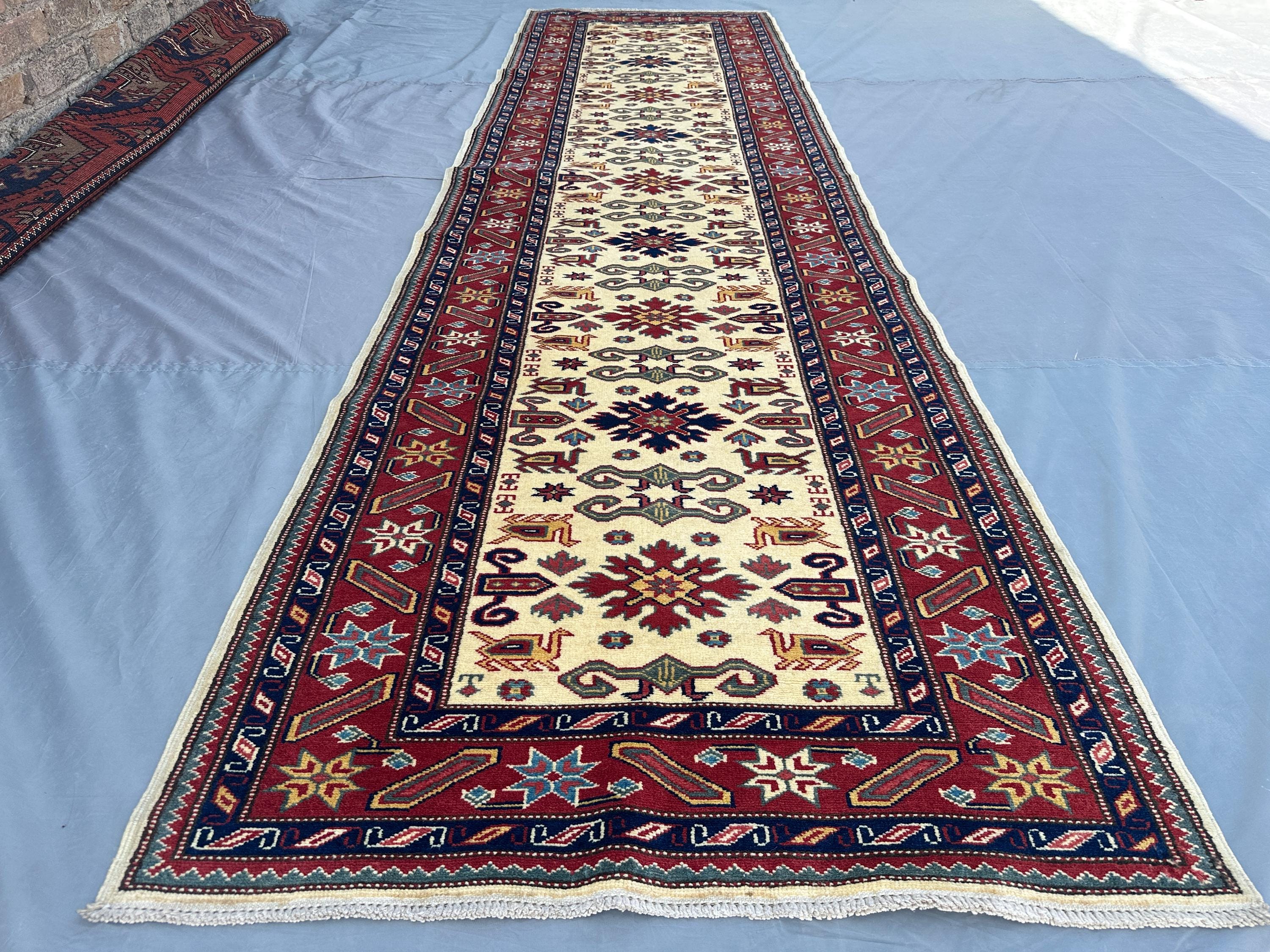 Afghan Kazak Runner Rug 2'9" x 10' ft | Handmade Tribal Turkmen Hallway Carpet | Wool Geometric Rug Vintage St
