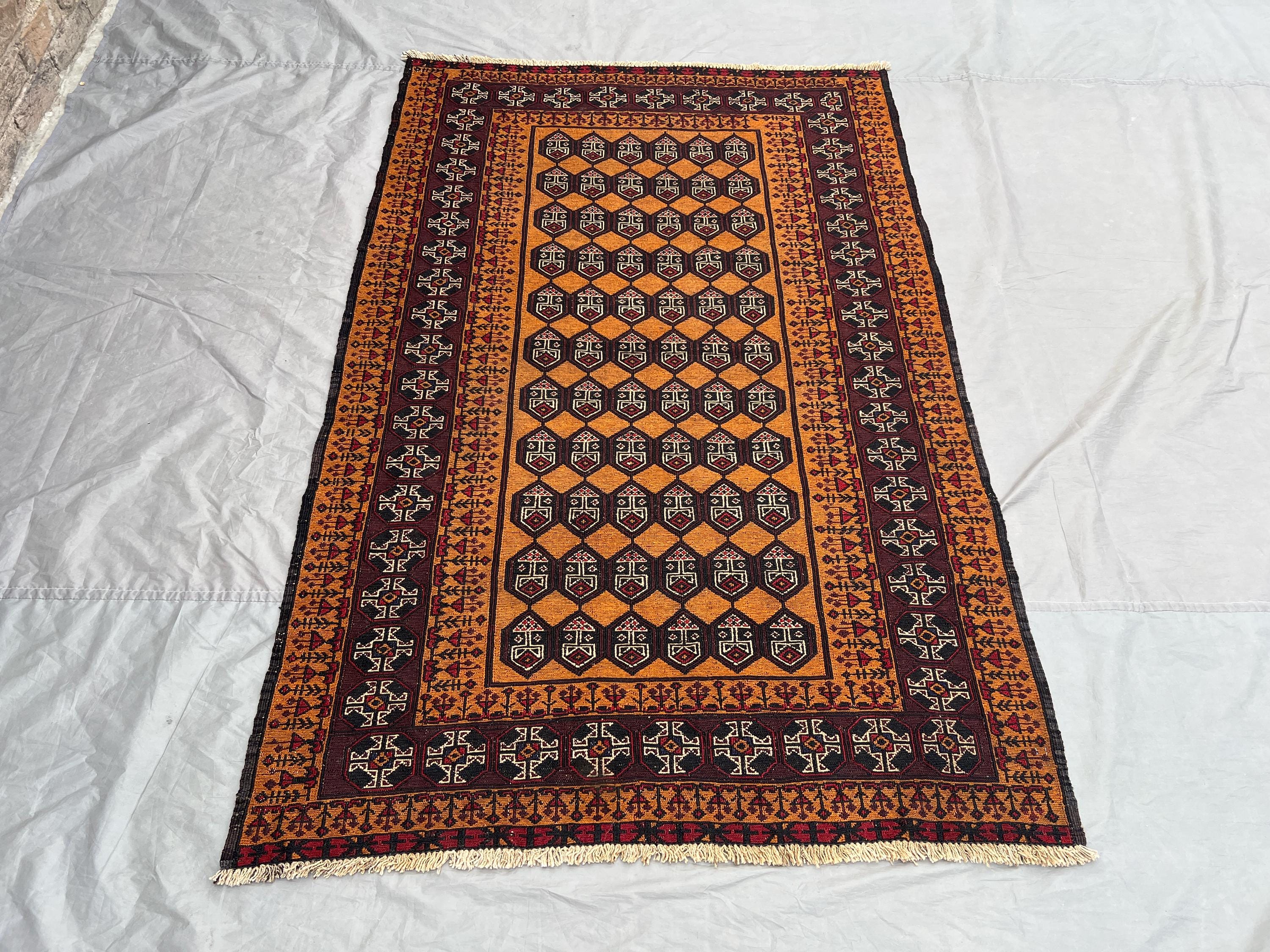 Vintage Afghan Kilim Rug | 4x6'2 ft Handmade Tribal Wool Flatweave Carpet | Geometric Rustic Boho Area Rug | N
