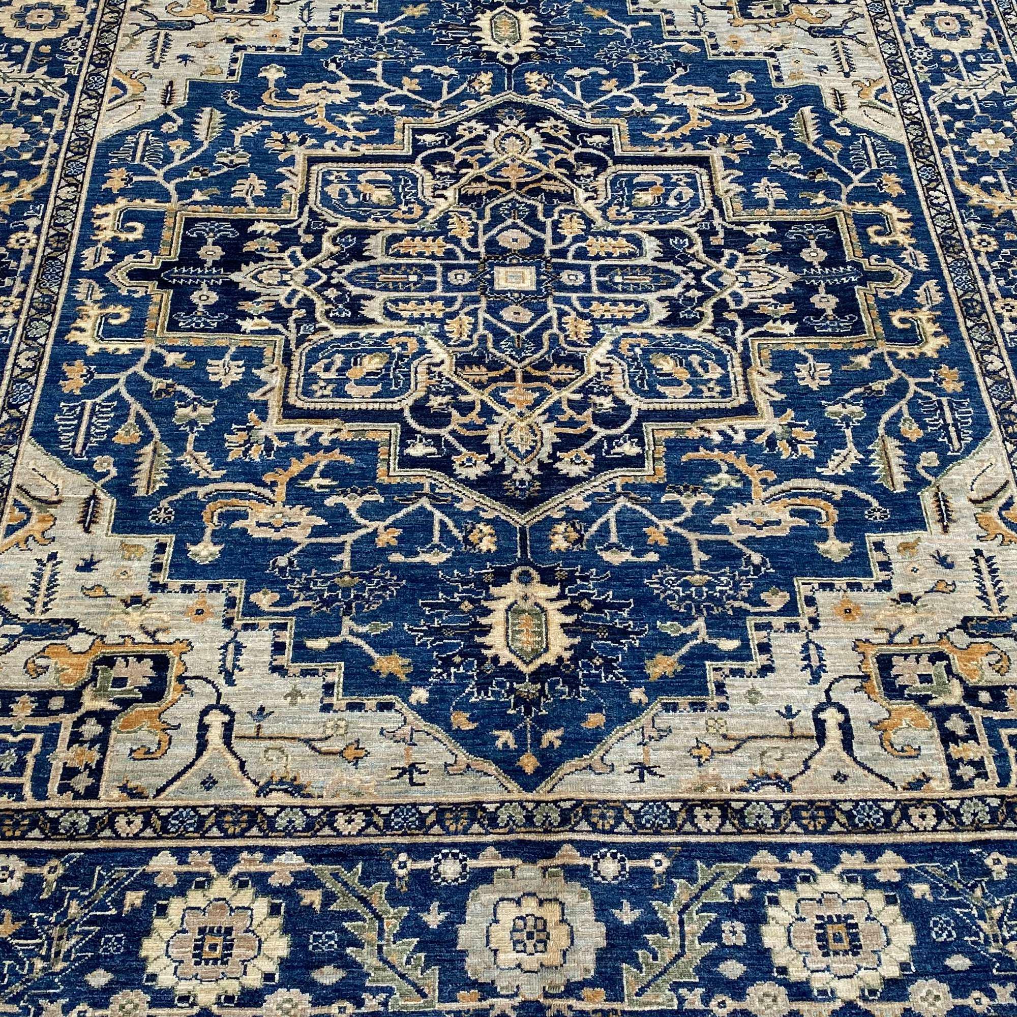 Navy Blue Serapi Rug | Afghan Hand Knotted Wool 8x10 Area Rug | Indigo Ivory Geometric Medallion Living Room Dining Room Carpet Boho Decor