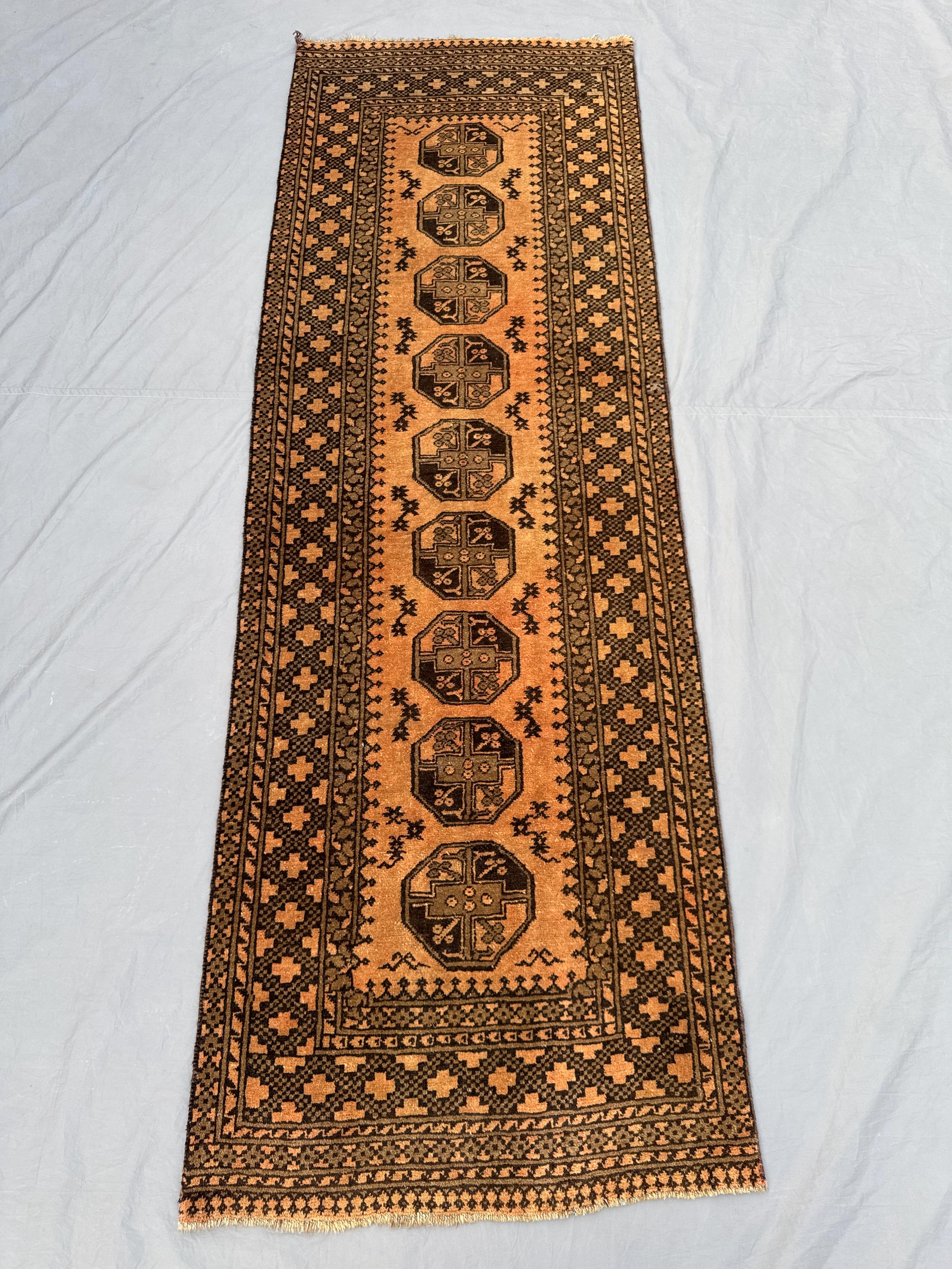 Afghan Hand Knotted Vintage Soft Pile Runner 2.5 x 7.4 ft Terracotta Color Faded Turkoman Bokhara Design Unique One of a Kind