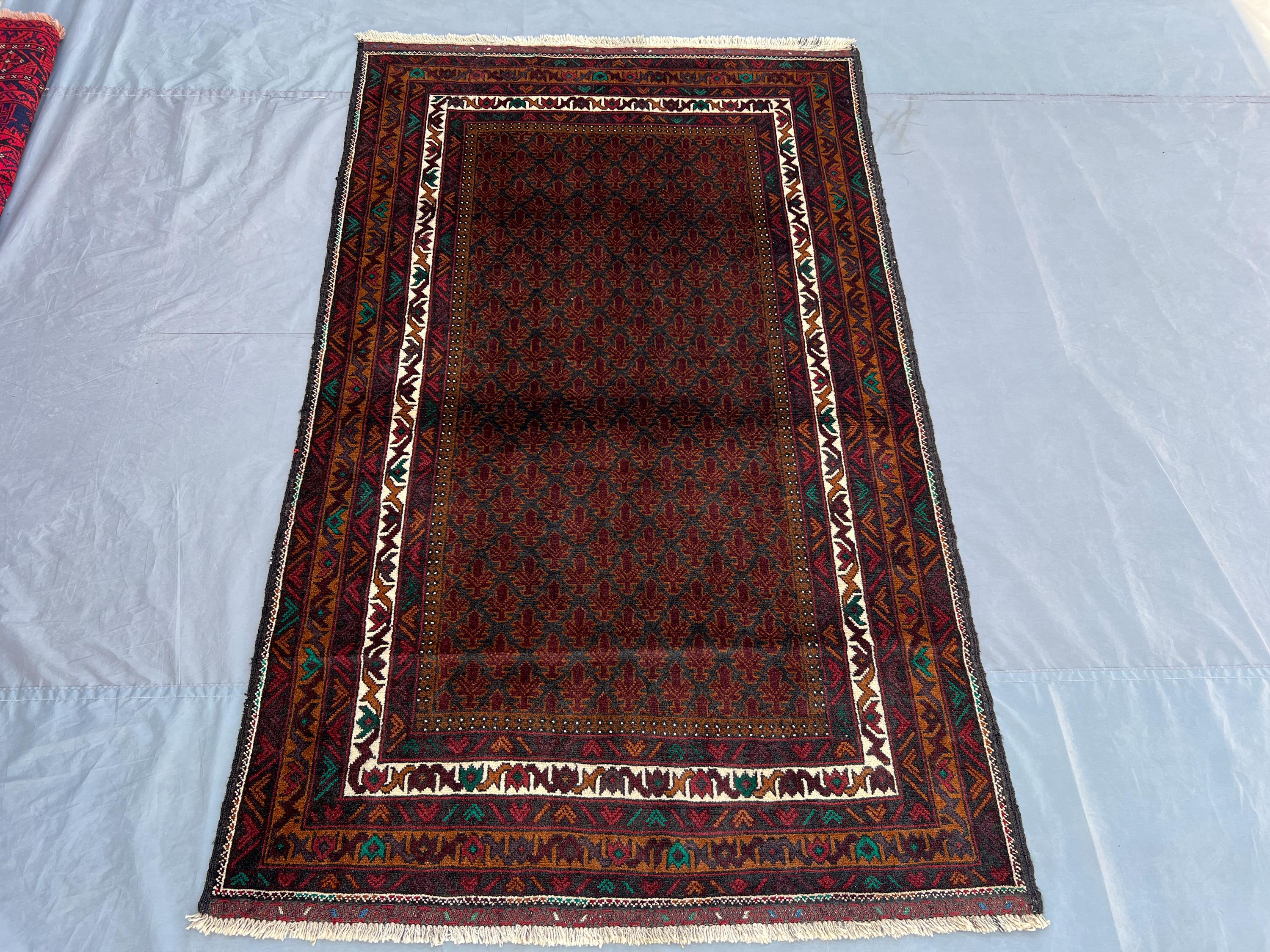 4x7 Antique Afghan Baluch Rug | Hand-Knotted Wool Carpet | Vintage Tribal Design | Nomadic Home Decor | Unique Wool Area Rug for Living Room