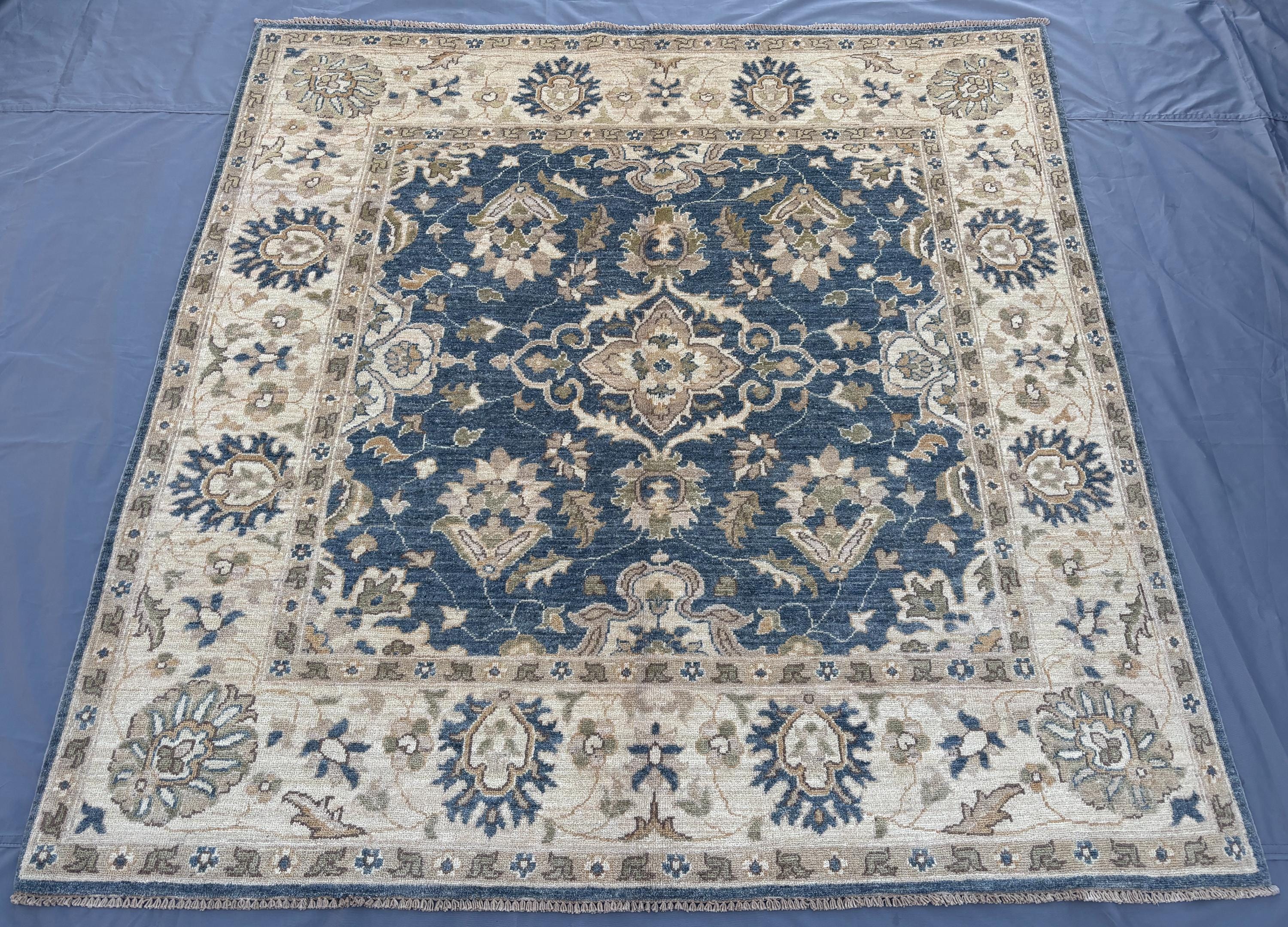 6 x 6 Afghan Hand-Knotted Modern Soft Pile Square Rug Oushak Design Luxury Wool Rug Blue Floral Pattern Elegant Home Decor | Bedroom decor