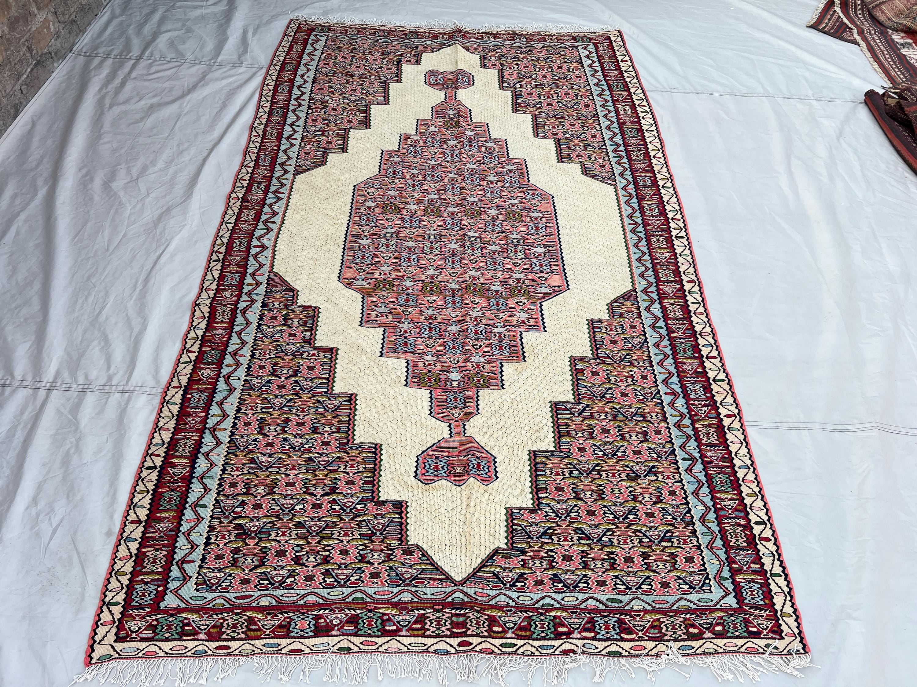 4'10x8' Vintage Afghan Kilim Rug Ivory Pink Stepped Diamond Medallion All-Over Boteh Flatweave Handwoven Wool Area Rug | Living Room Bedroom