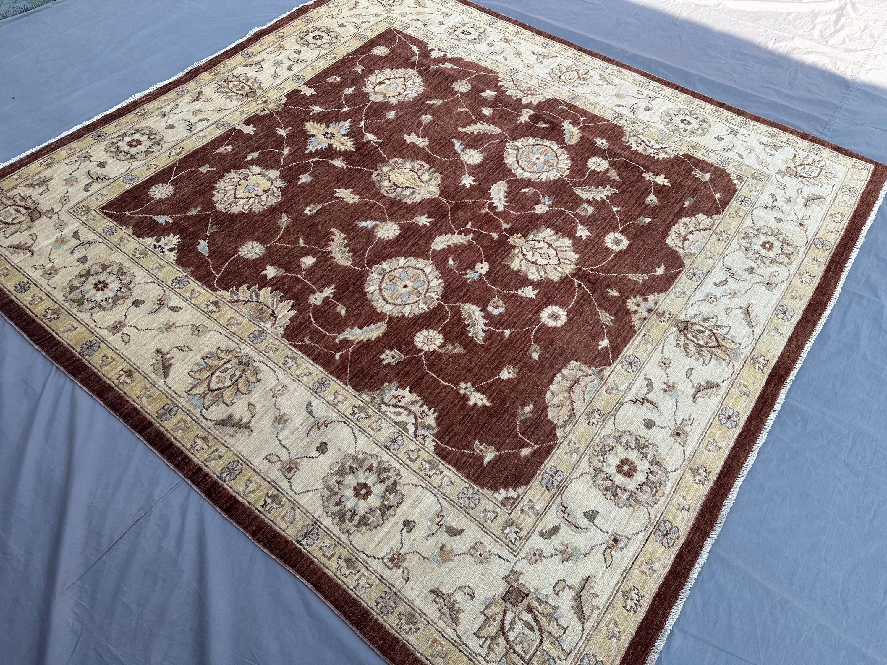 6'5x6'9 ft, Afghan Hand Knotted Oushak Rug, Modern Wool Square Rug, Floral Design, Brown Beige Cream Carpet, L
