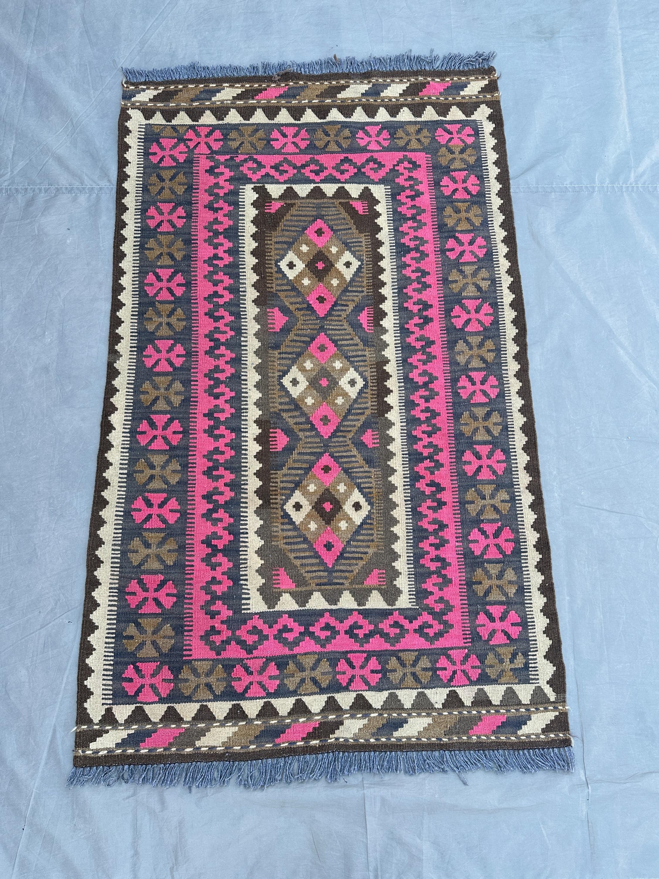 3x5 Vintage Afghan Kilim Rug | Tribal Flat Weave Wool Rug | Handmade Pink Brown Ivory Blue Carpet | Turkish Style Kilim, Boho Area Decor Rug