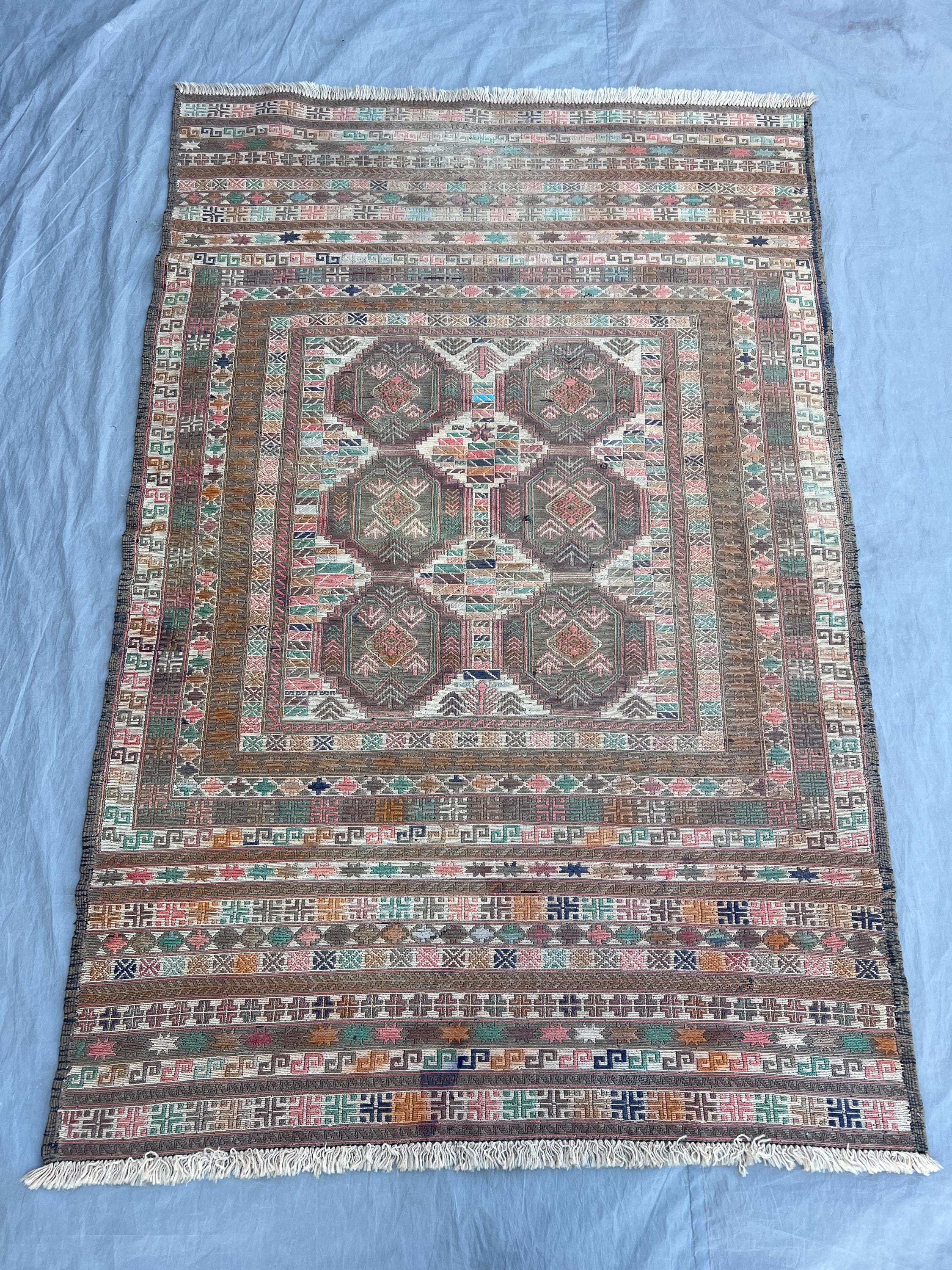 Antique 3'10 x 6'2 Afghan Kilim Handwoven Rug, Geometric & Tribal Design, Distressed, Area Rug, Boho Hallway D