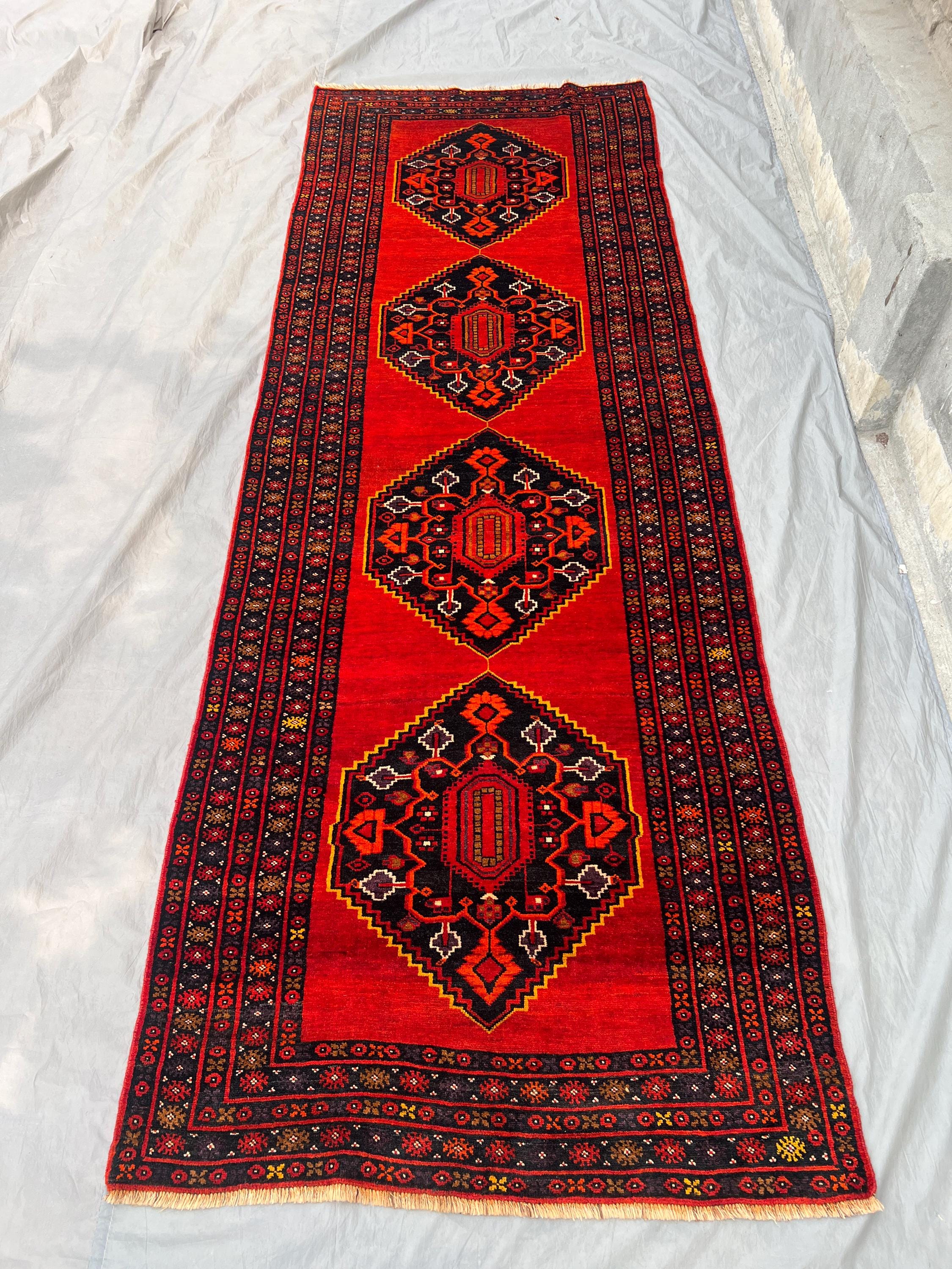 Afghan Hand Knotted Vintage Rug Runner | 3" x 9" | Wool Oriental Tribal Runner Rug for Hallway | Red & Black W