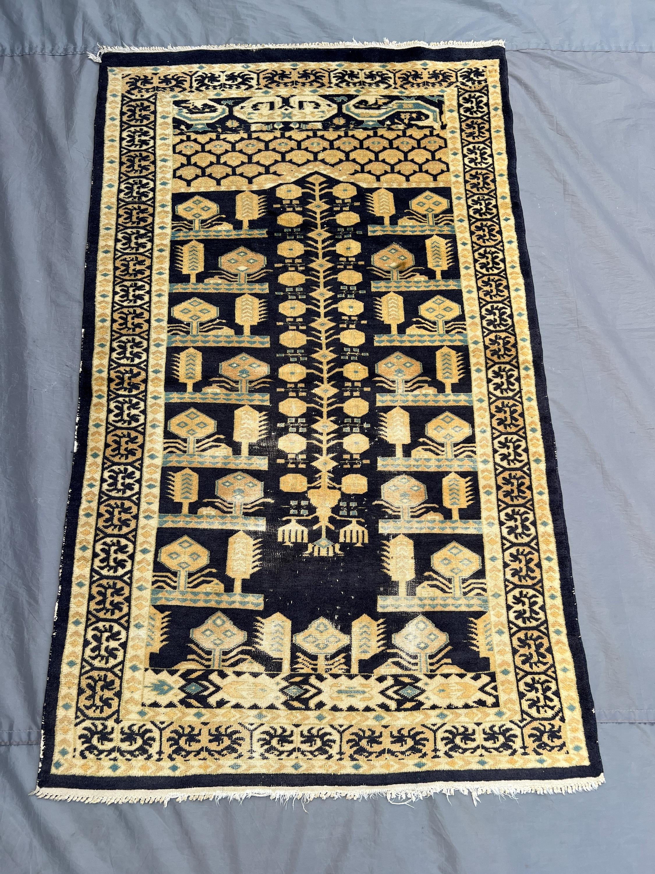 3x5 Hand Knotted Vintage Balochi Rug, Unique Distressed Tribal Design, Geometric Pattern Decor | living room & kitchen decoration area rug
