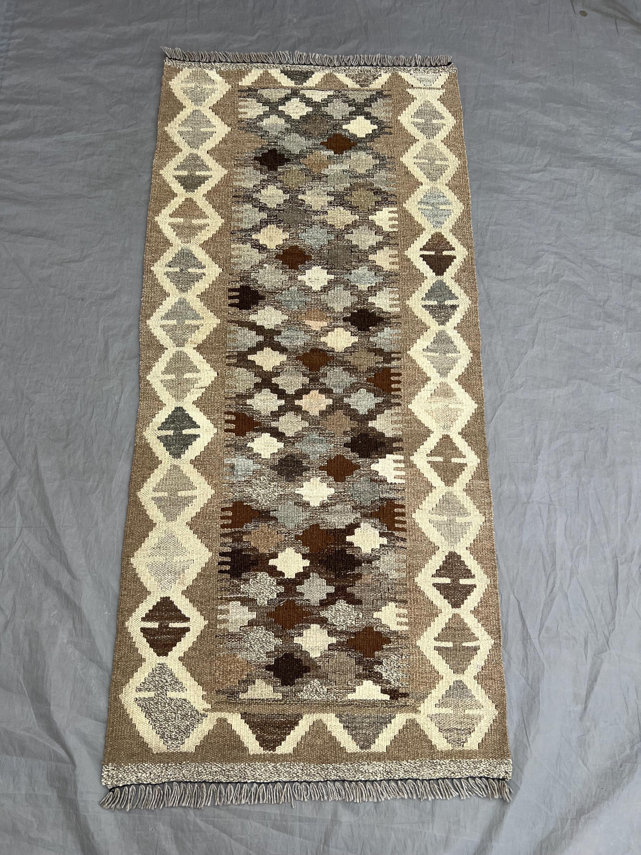 One-of-a-Kind 2 x 5 ft Afghan Hand-Woven Vintage Flat-Weave Kilim Runner, Faded Maimana Design, Small Wool Tribal Rug, Unique Home Decor