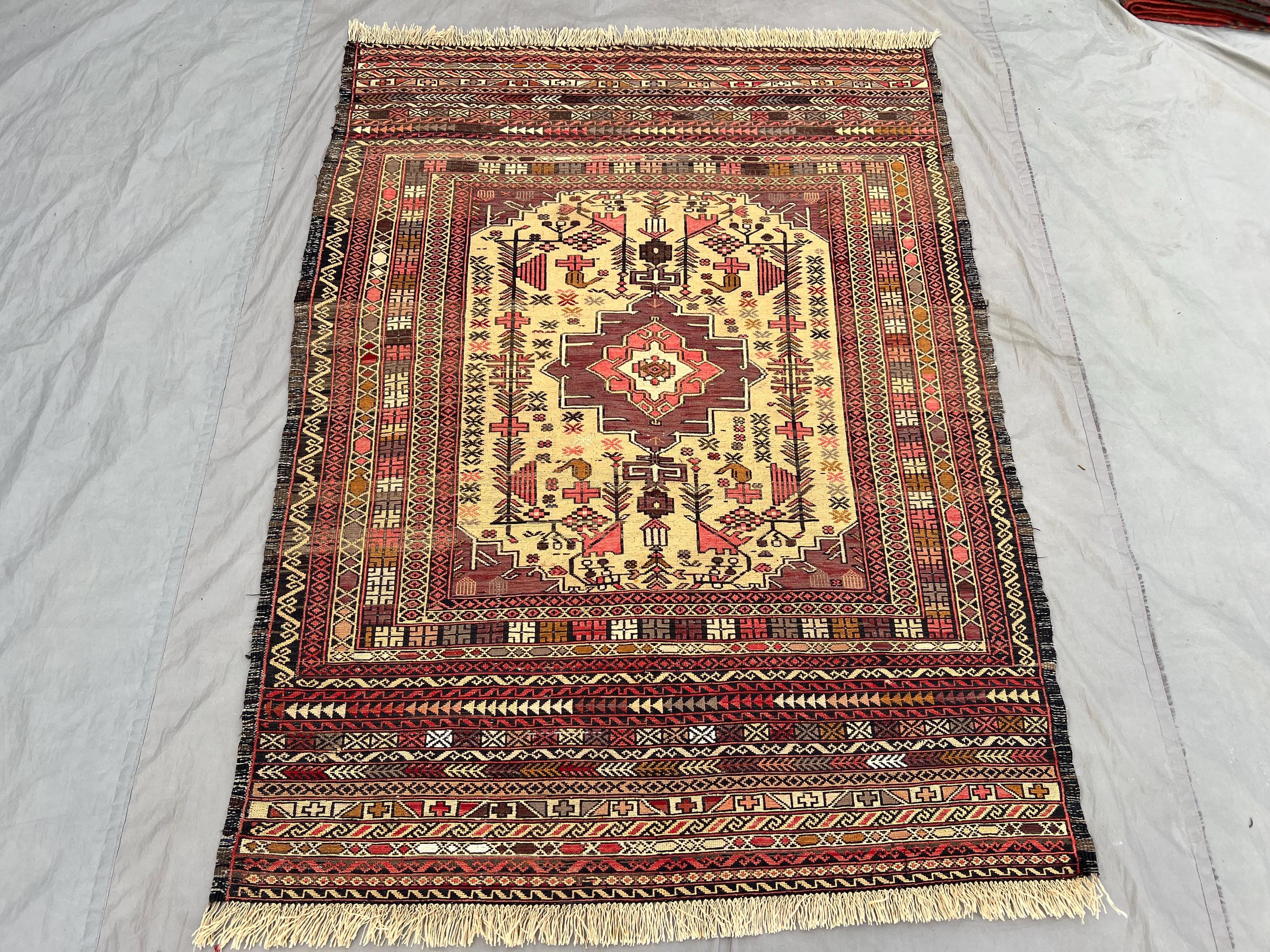 3'11 x 5'4 Ft Afghan Tribal Flat Weave Kilim Rug, Ghamori Design, Vintage Handmade Area Rug,Geometric Oriental