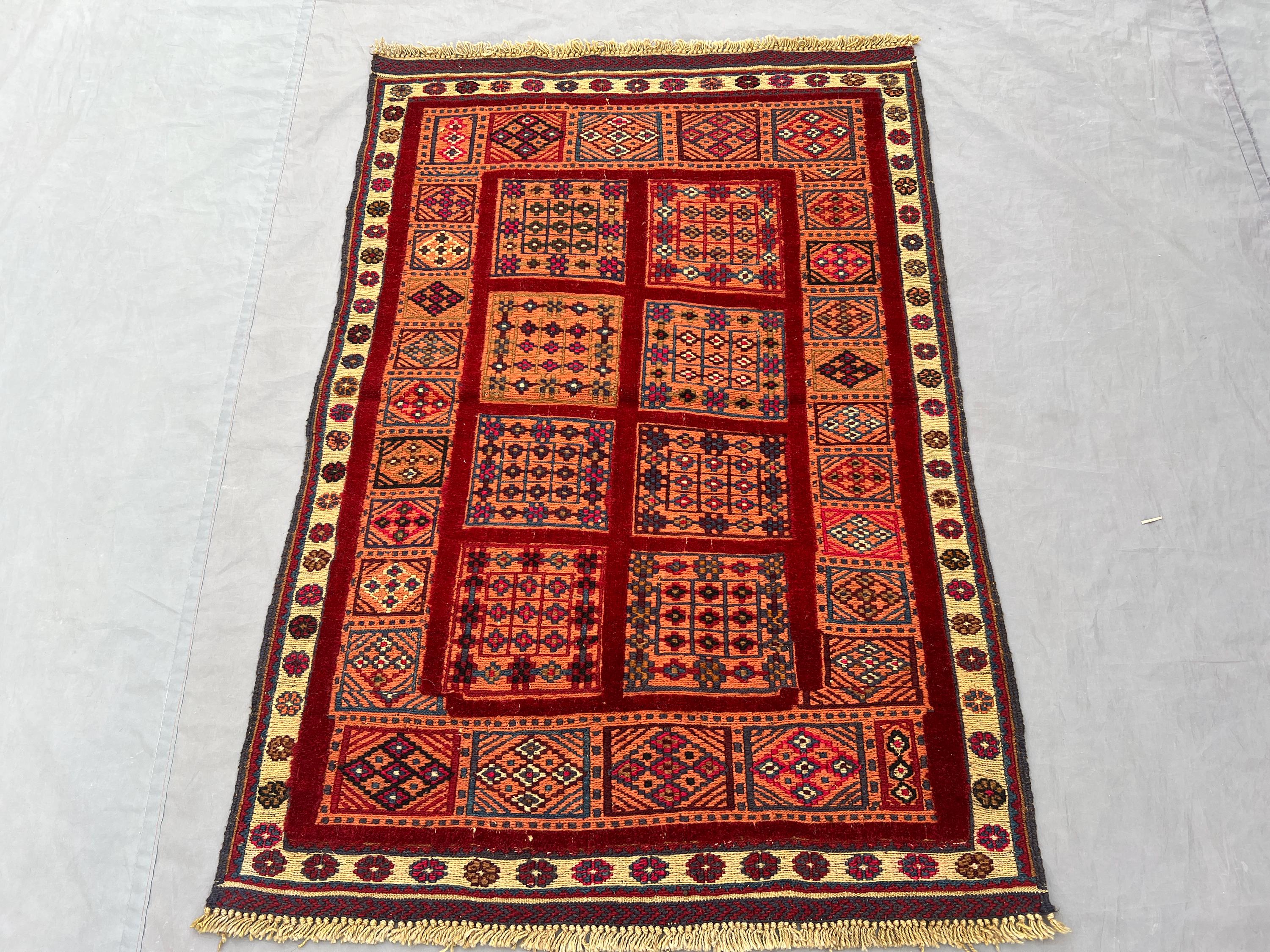 Afghan Vintage 3 x 4 ft Handwoven Kilim One-of-a-Kind Small Area Decor, Traditional Geometric Mishwani Flat Weave