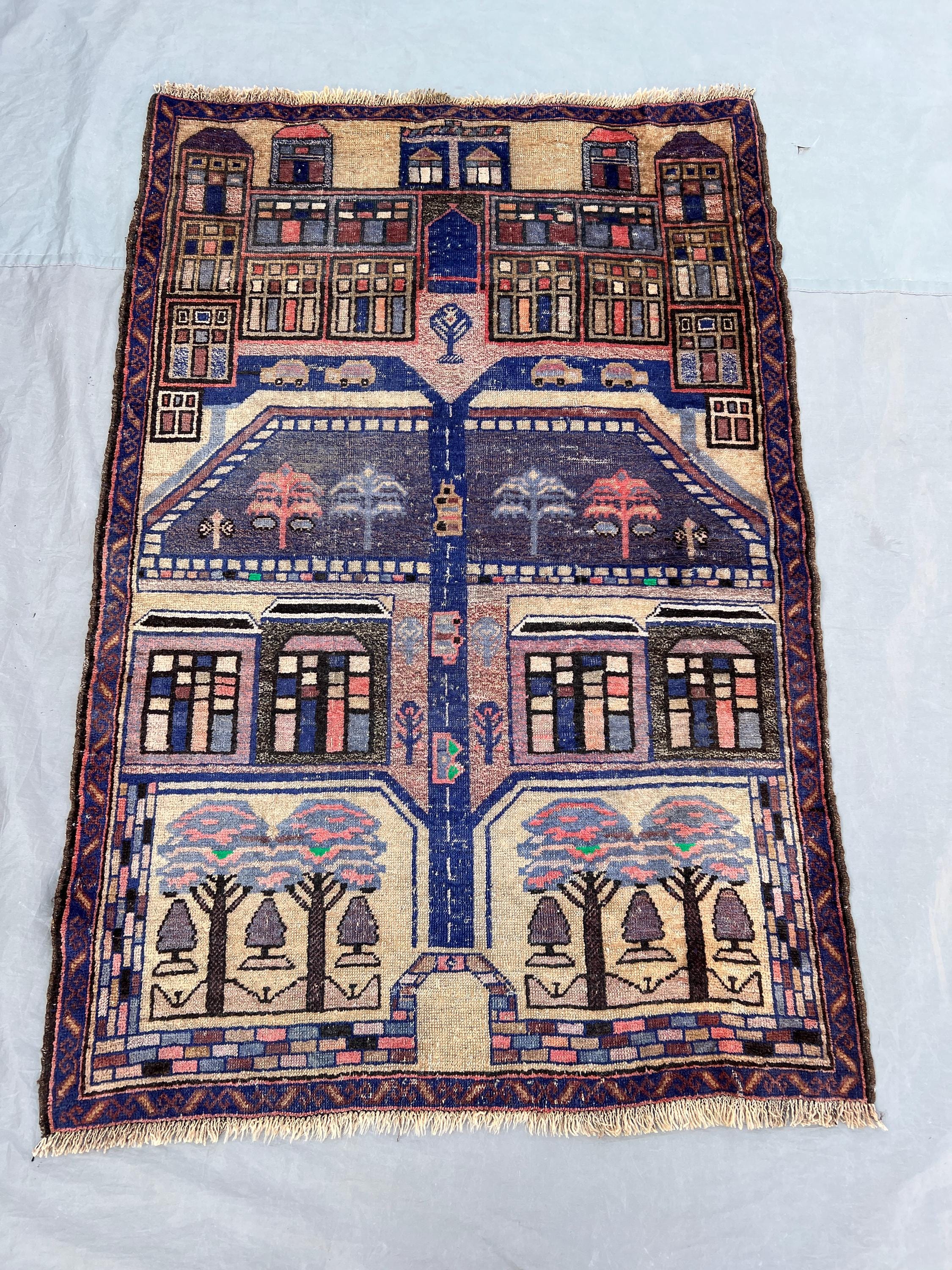 3x4'6 Vintage Afghan Pictorial Wool Pile Rug Hand-Knotted City Street Buildings Garden Trees Navy Camel Multicolor Accent Rug Wall Hanging