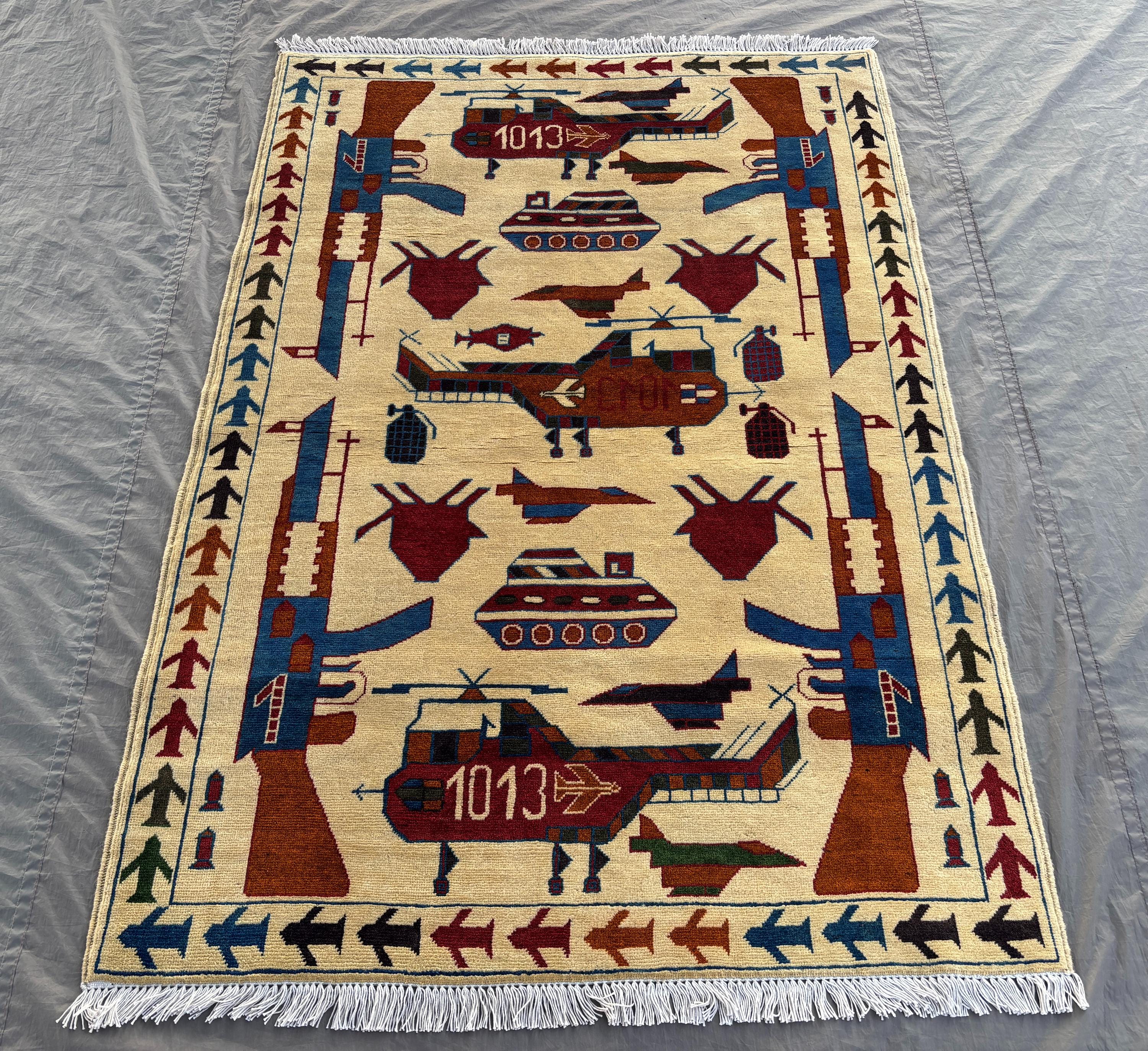 4 x 5.9 Ft Afghan Hand-Knotted Modern Soft Pile Rug, One of a Kind Luxury Home Decor, Pictorial War Rug,
