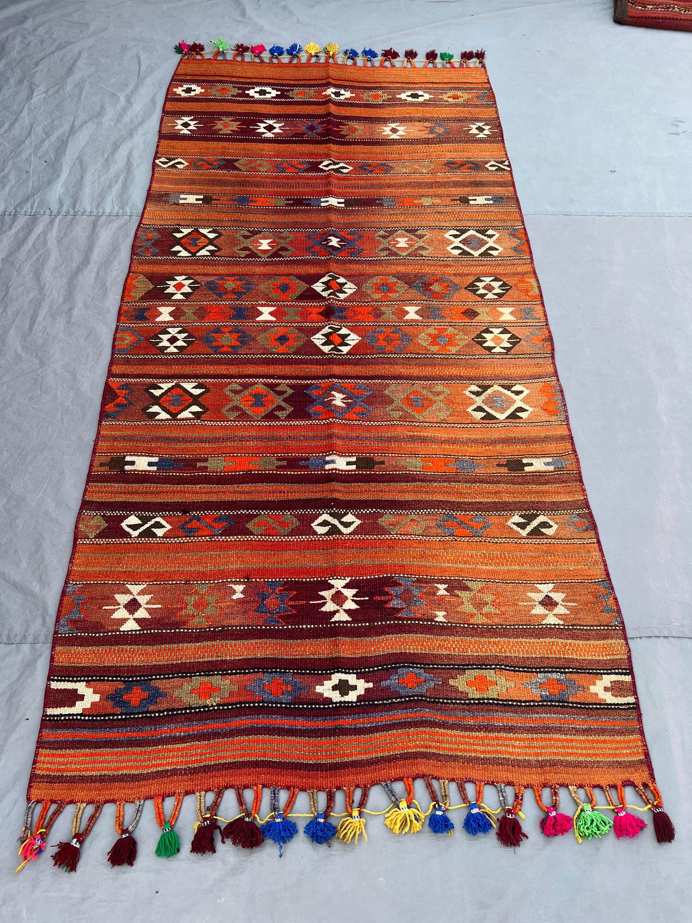 4'1x8'10 Vintage Afghan Kilim Rug Orange Tribal Stripe Diamond Geometric Flatweave Handwoven Wool Area Rug | Living Room Hallway Boho Decor