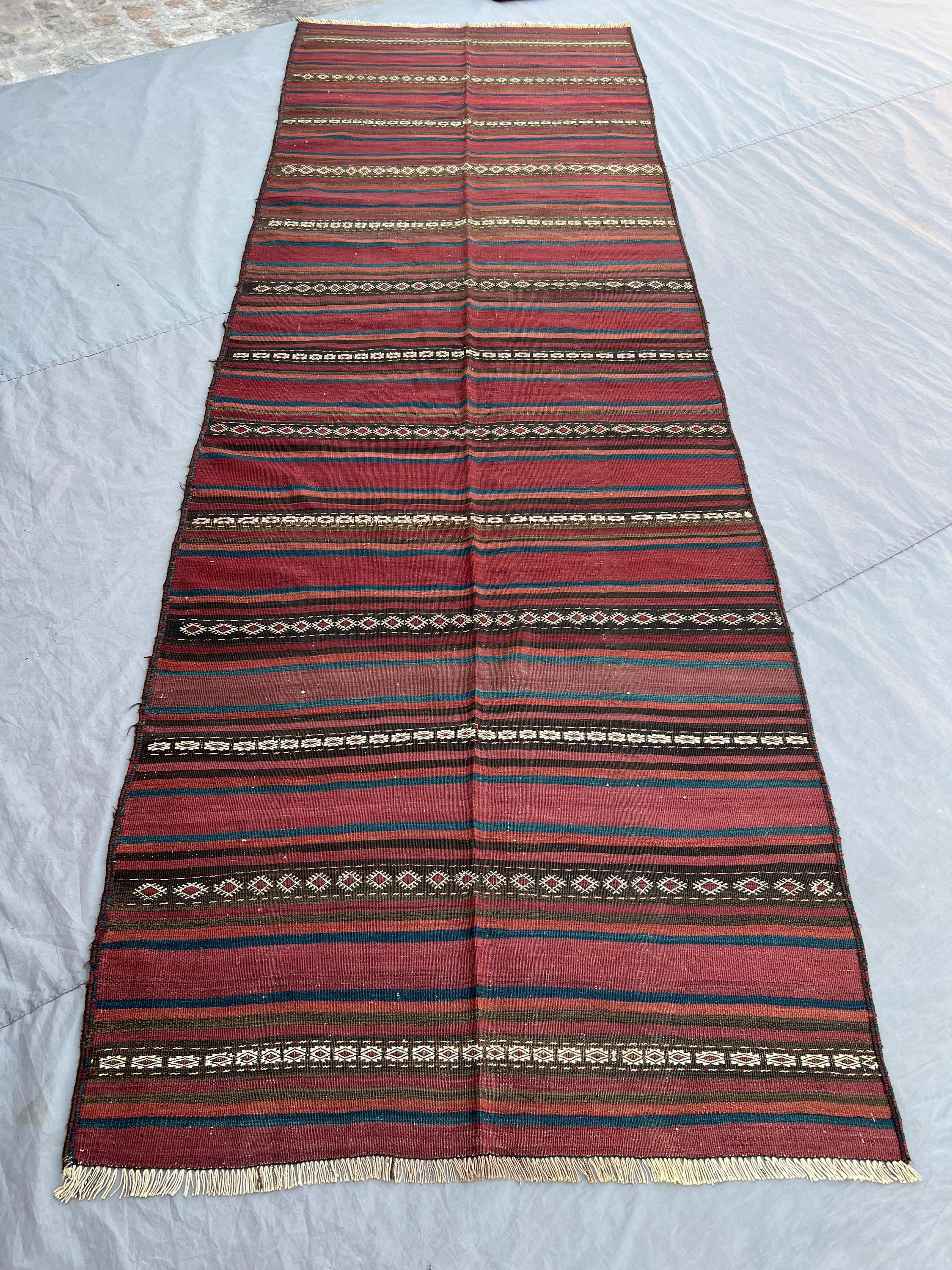 3'11x11'11 Ft Vintage Afghan Kilim Runner Rug Red Striped Geometric Flatweave Handwoven Wool Hallway Runner | Hallway Kitchen