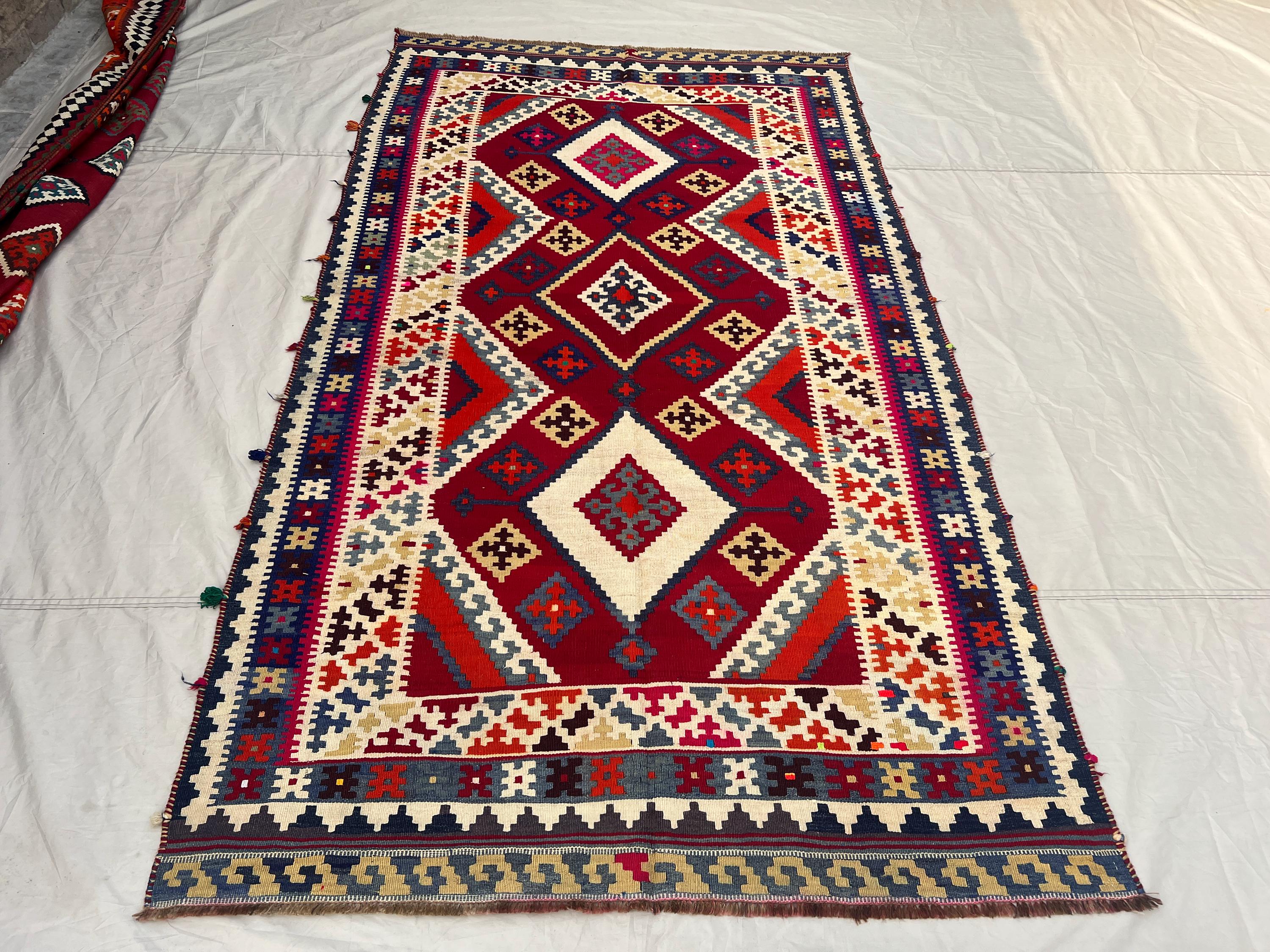 4'11x8'7 ft Vintage Afghan Tribal Kilim | Triple Diamond Medallion Flat Weave Caucasian Style | Red Ivory Navy | Boho Living Room Kilim
