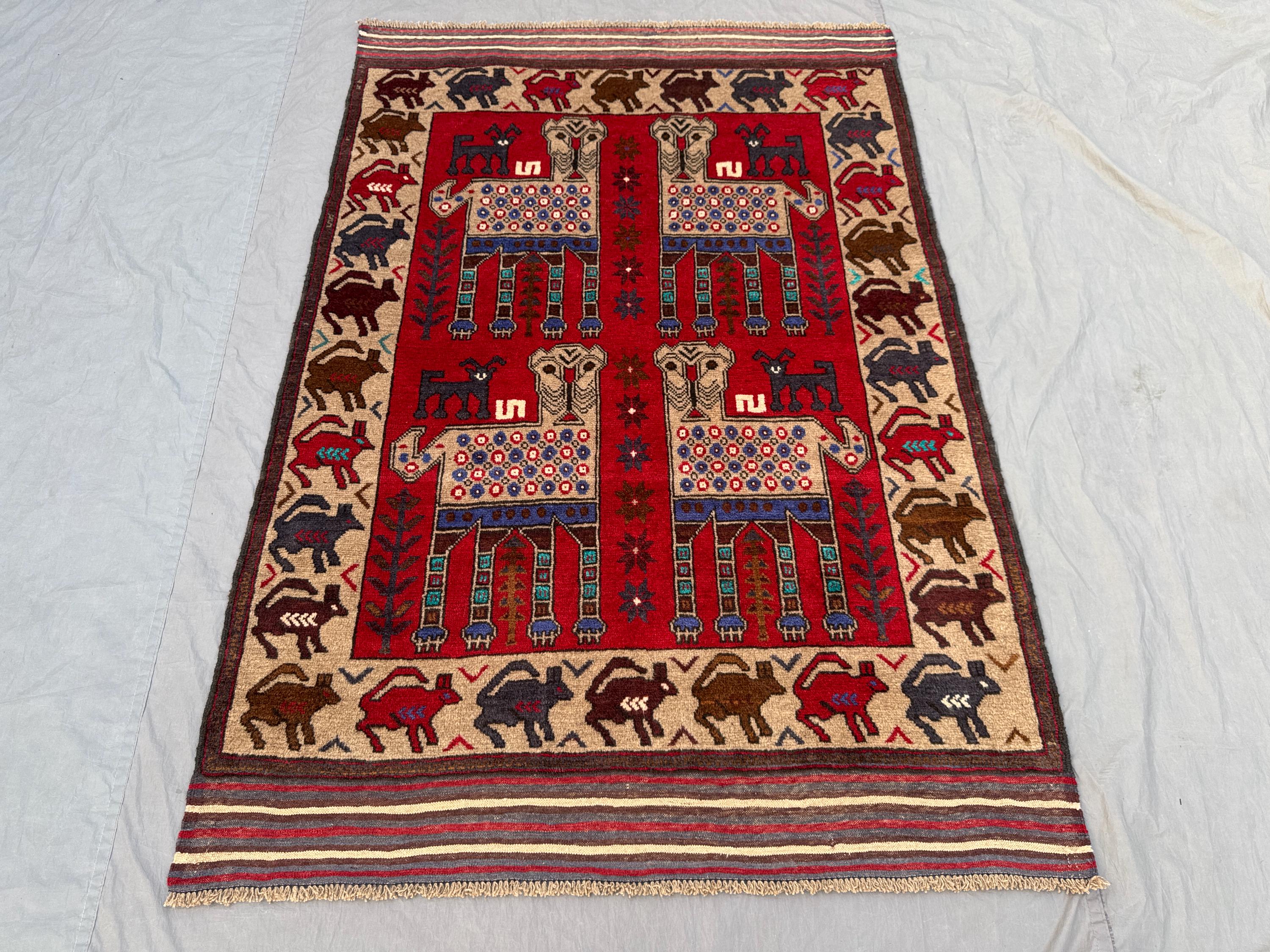 Red Afghan Hand Knotted Rug, Modern Soft Pile with Animal Print Design, One of a Kind, 4.5x6.5 ft Luxury Boho Home Decor
