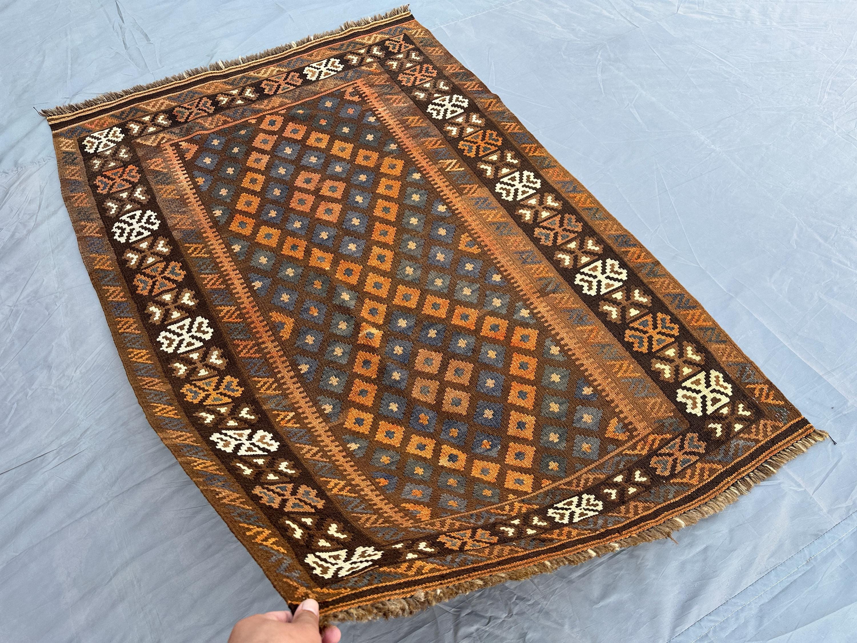 3'2x4.9 ft Antique 1960s Rug Orange Terracotta Handmade Flatweave Kilim Rug, Oriental Afghan Wool Rug, Geometric Rug, Bedroom, Kidsroom