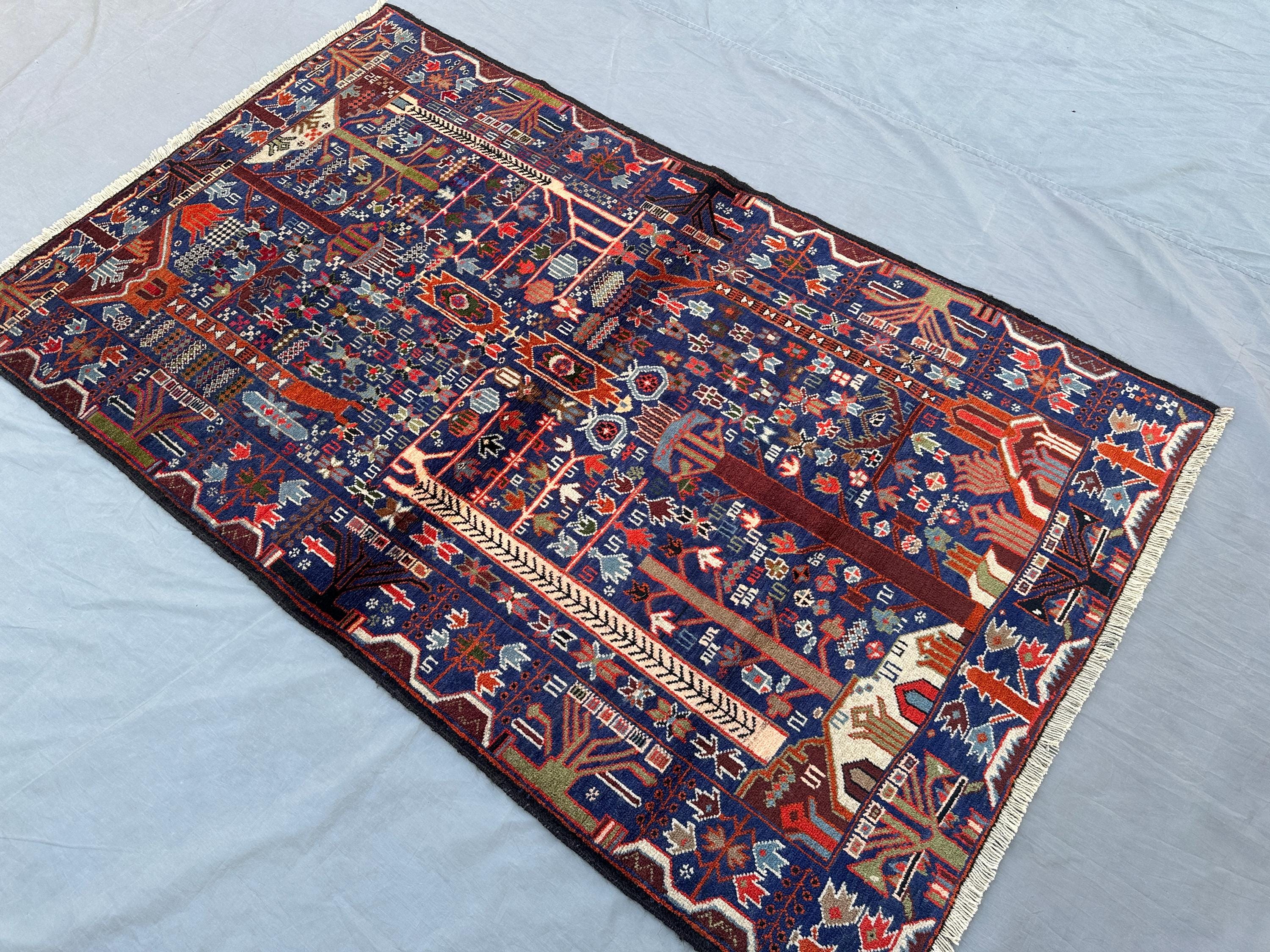 4x7 Antique Afghan Baluchi Rug, Tribal Tree of Life Wool Rug, Handmade Geometric Pattern Bedroom Kitchen Rug,
