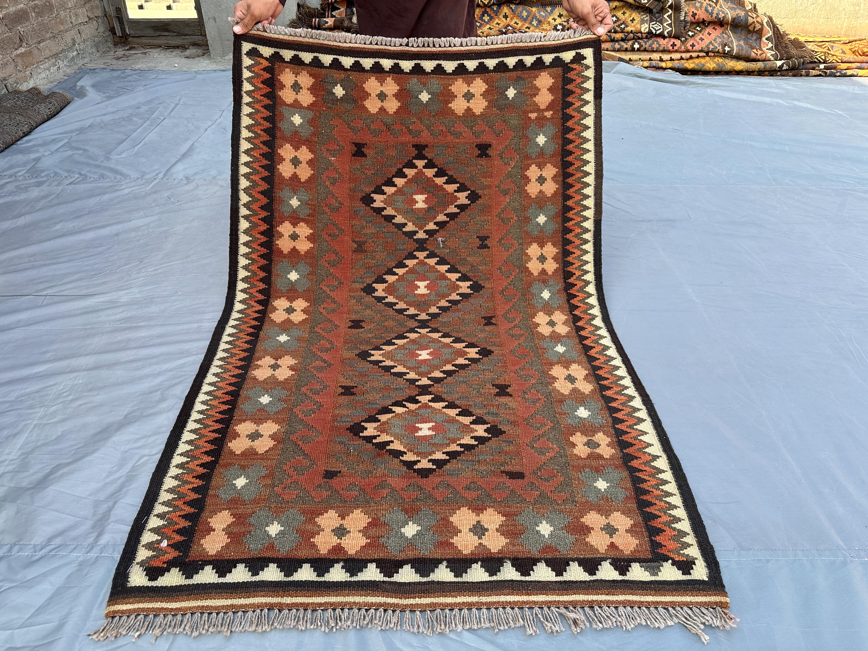 3'0x4.8フィートのアンティーク1980年代ラグ、テラコッタハンドメイド