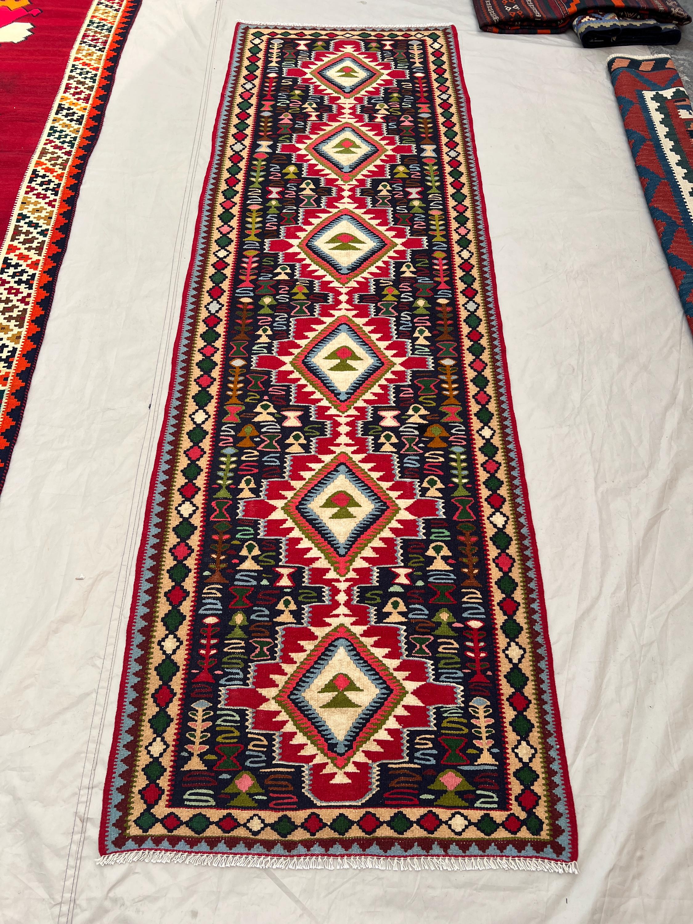 2'8x8'4 Vintage Afghan Kilim Handwoven Wool Flatweave Diamond Column Ivory Tree Motif Red Navy Multicolor Runner | Hallway Entryway Kitchen
