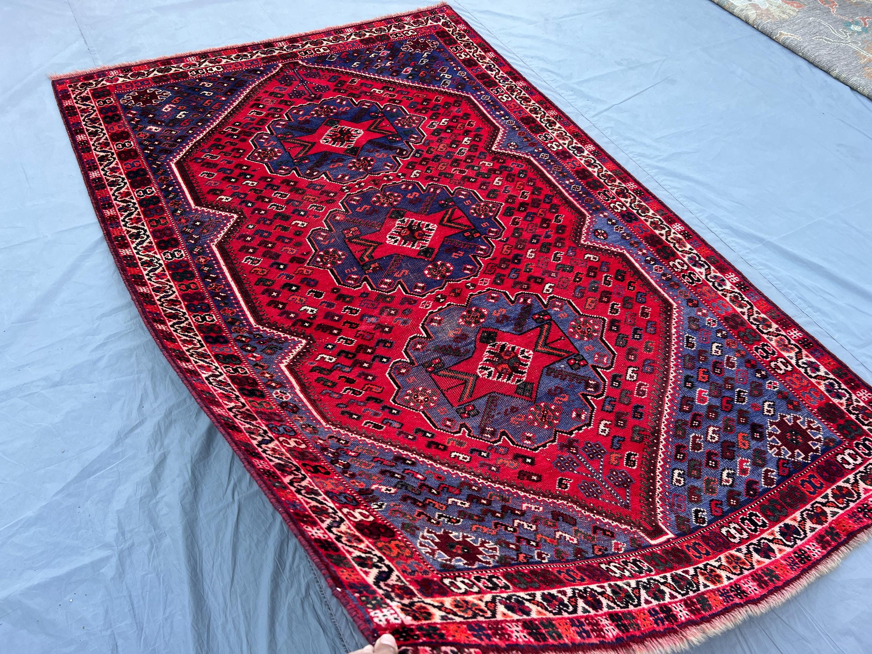 Vintage 1960s Hand-Knotted Turkish Rug | 5'1" x 7'11" Tribal Wool Carpet | Red Geometric Area Rug | Distressed Boho Wool Rug Living Room Rug