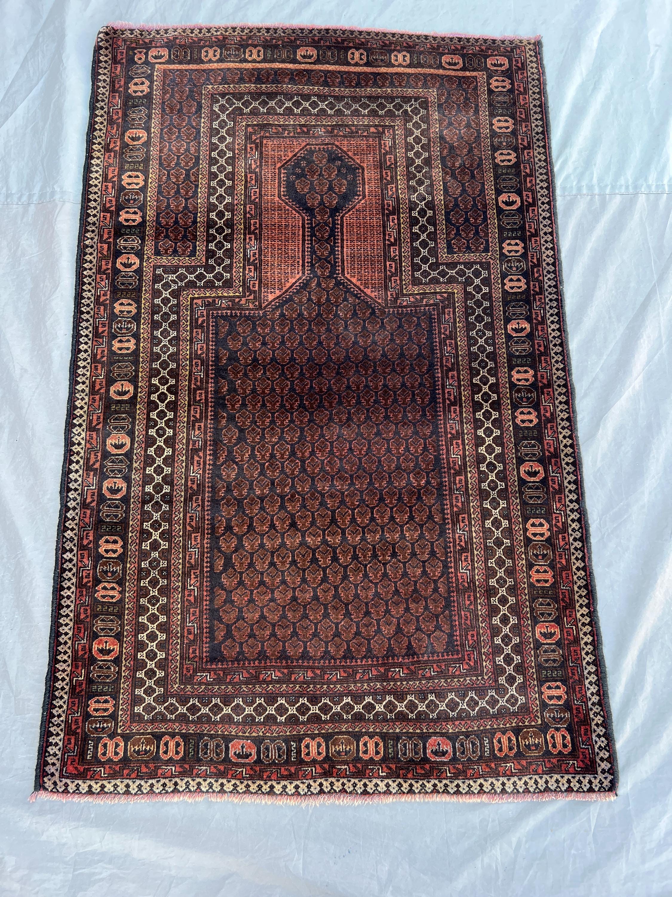 2'11x4'7 Vintage Afghan Prayer Rug Dark Navy Rust Mihrab Boteh All-Over Hand Knotted Wool Pile Rug | Bedroom Living Room Traditional Decor