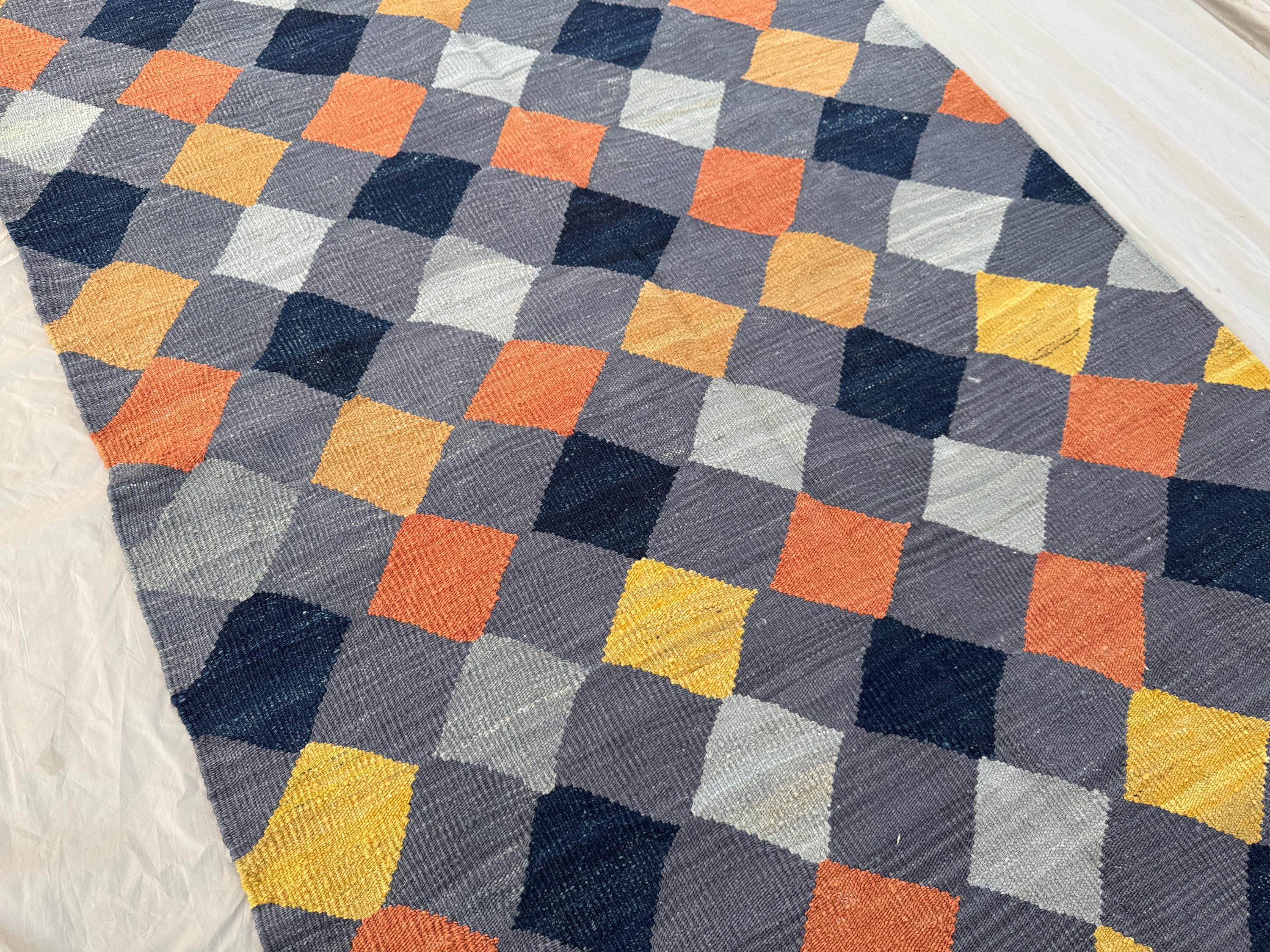 Handmade Geometric Wool Rug, 4.4x6.7 ft, Orange and Blue, Diamond Design, Modern Area Rug, Handmade Floor Rug, Contemporary Decor, Floor Rug