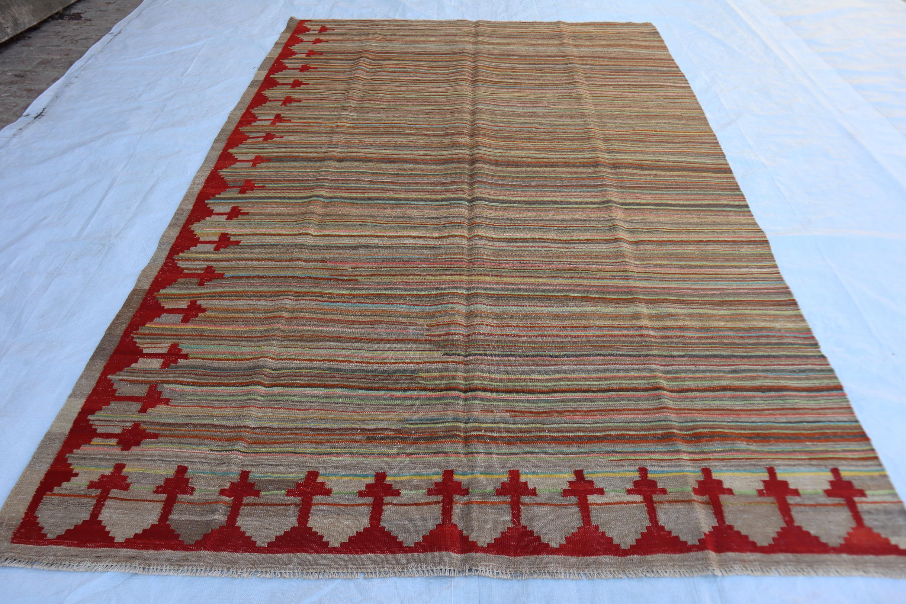 6x9 Afghan Antique Kilim Rug Handmade Geometric Wool Rug, Tribal Flat Weave Beige Rug Turkish Style Kilim Living Room Rug, Floor Carpet