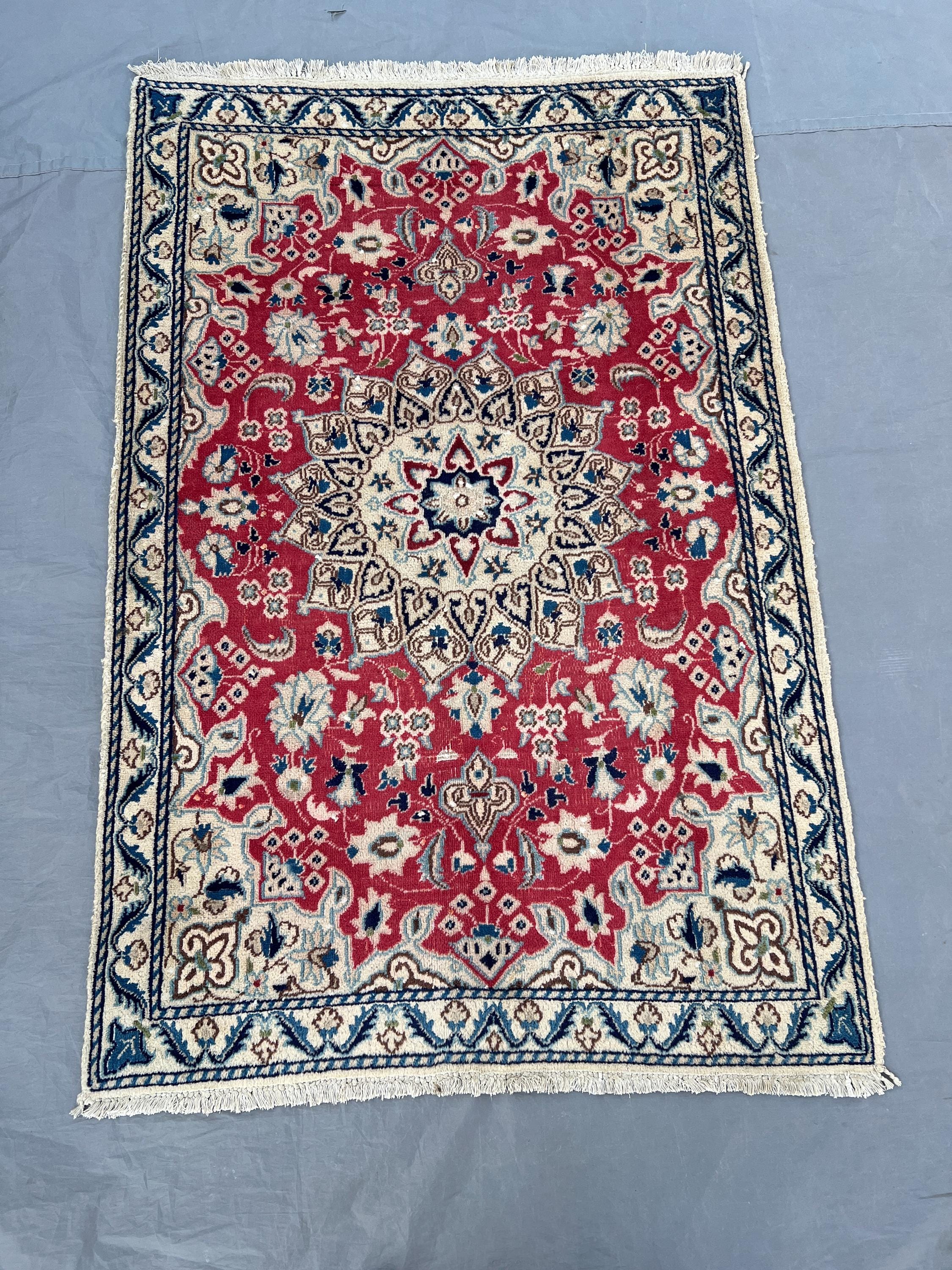 2'10x4'3 Ft Vintage Hand Knotted Wool Rug | Red Ivory Floral Medallion Area Rug | Classic Scrolling Vine Carpet | Home Decor