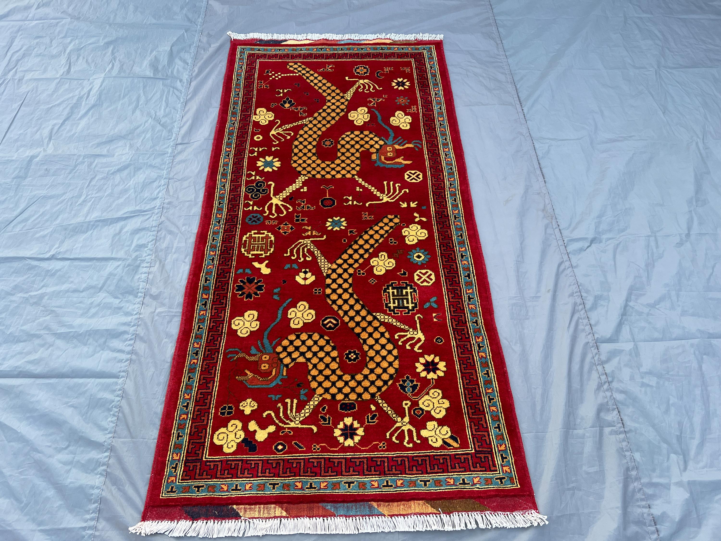 3’4x7 ft, Golden Red Afghan Pictorial Dragon Rug, Afghan Wool Rug, Rare Oushak Red Rug, Collectors Piece Afghan Oushak Rug, Kitchen rug