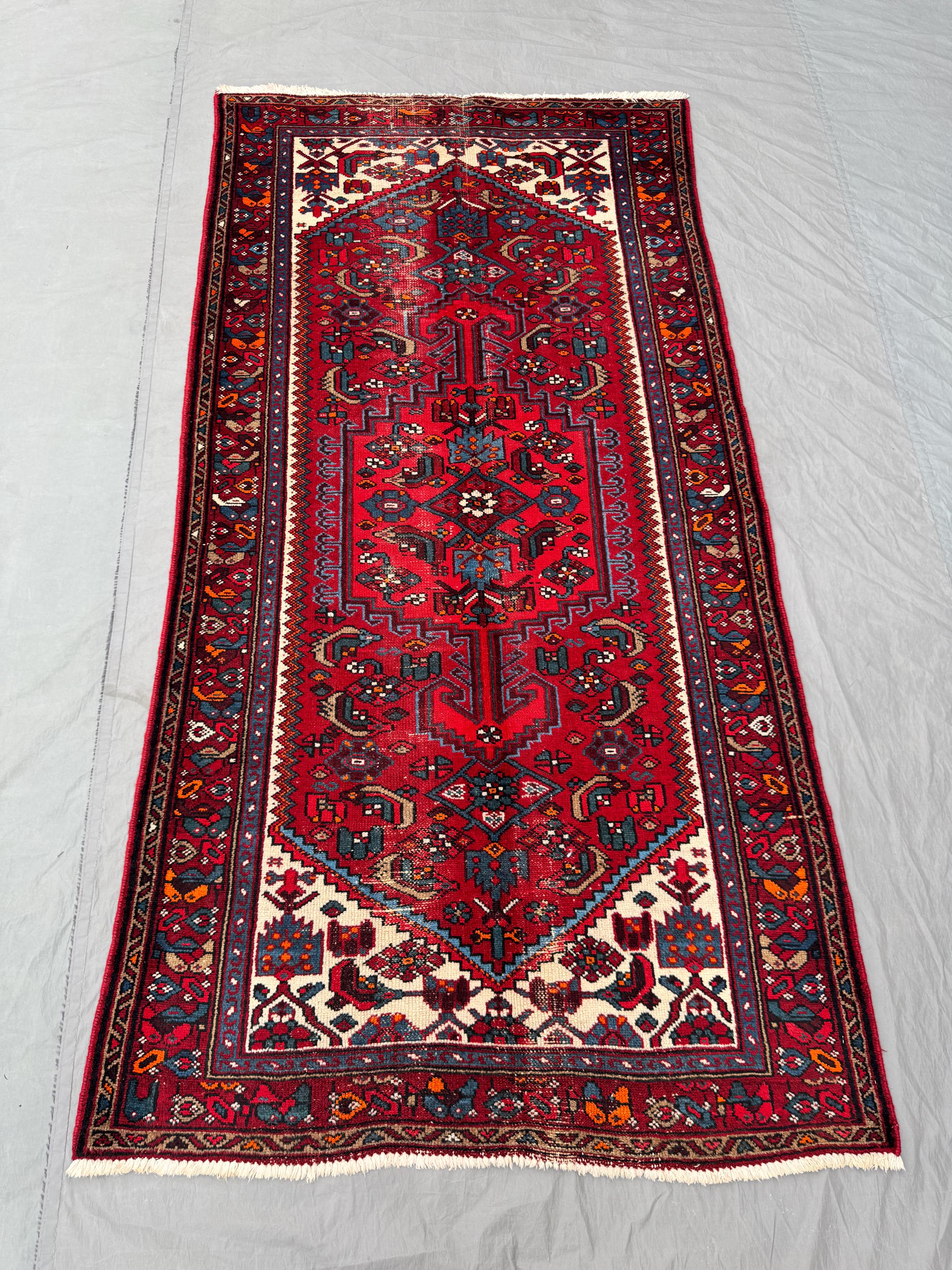 Turkish vintage distressed hand knotted rug 3.5x6.10 ft soft pile one of a kind small area rug tribal caucasian geometric design