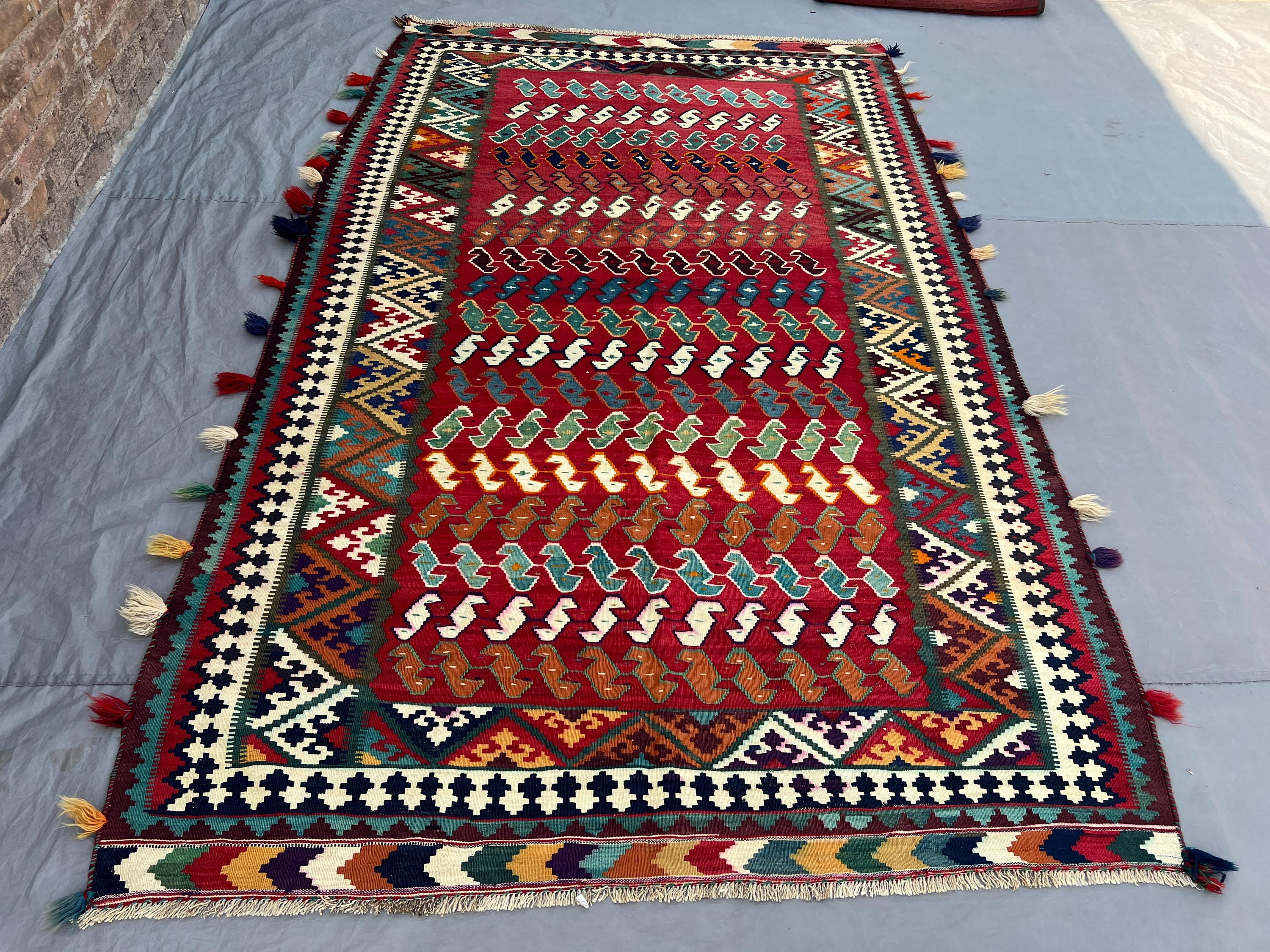 5'10x9'3 Antique Afghan Kilim Flatweave | Red Multicolor All-Over S-Scroll Wave Grid | Handwoven Wool Tribal Rug for Living Room Dining Room