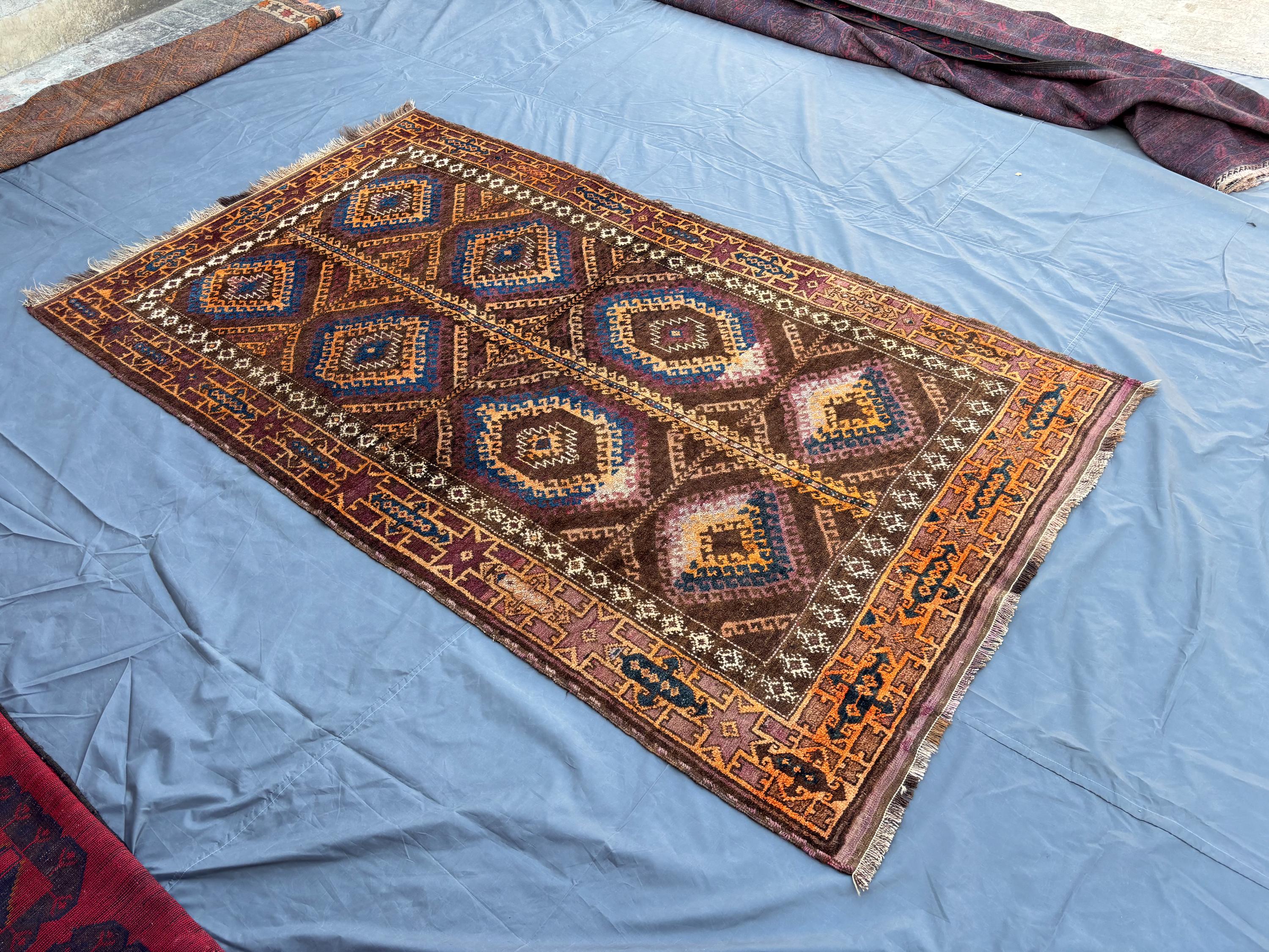 5x9 Antique Afghan Hand-Knotted Baluchi Fine Wool Rug, Tribal Geometric Brown Blue Carpet, Rare Oriental Area